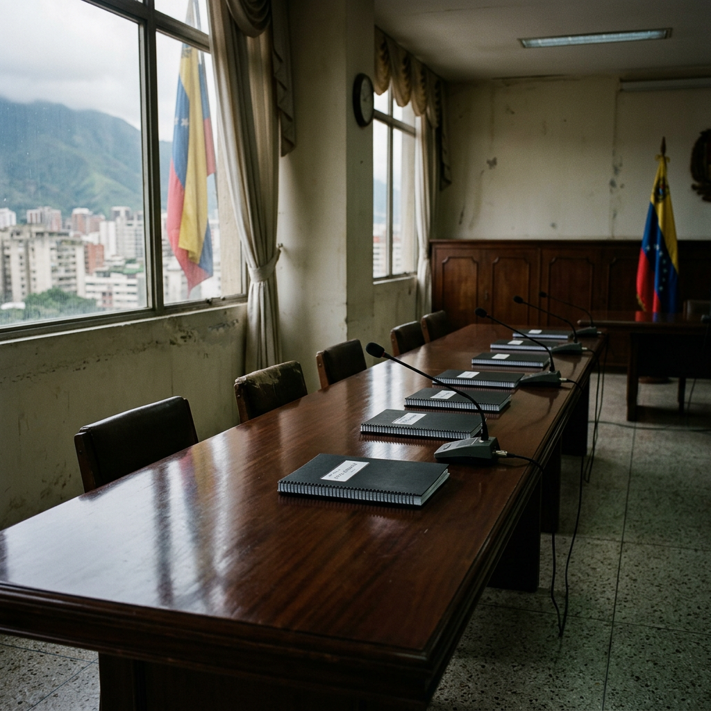 Empty council chamber with microphones, notebooks, flags, and city views