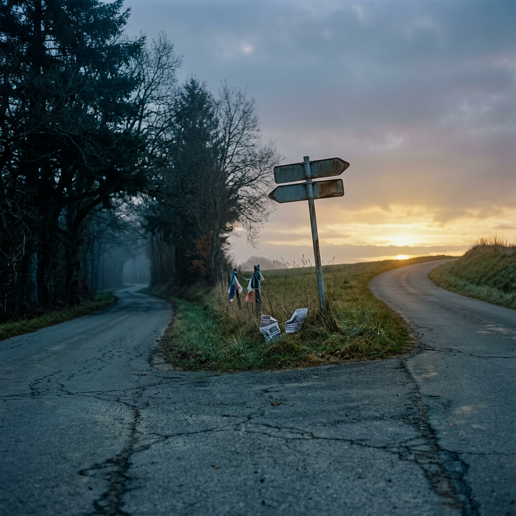 Weathered signpost marking two diverging country roads at sunset