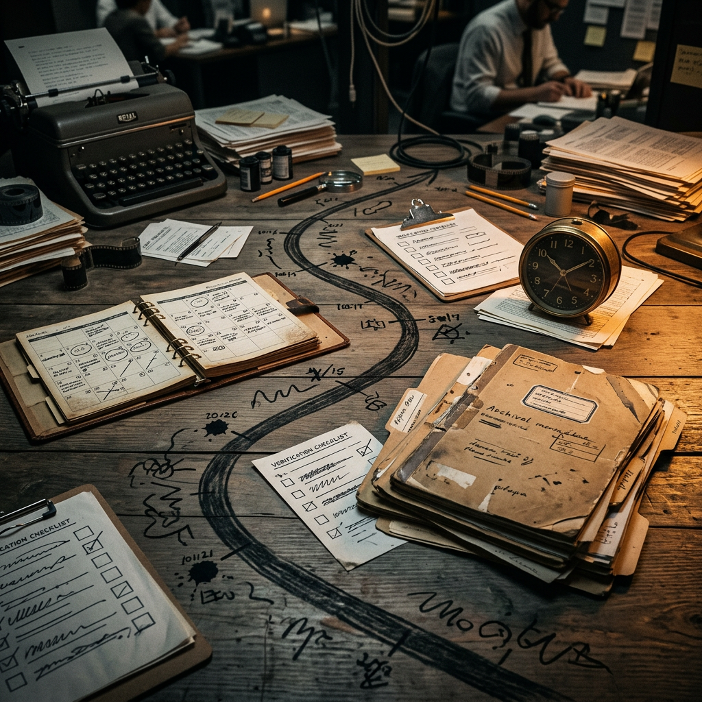 Desk with typewriter, archival files, checklists, notes, film, and clock