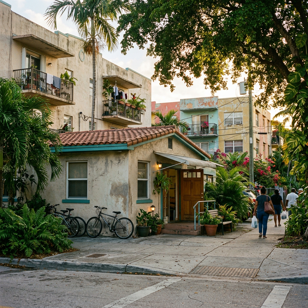 Tropical residential street with apartments, bicycles, plants, and pedestrians