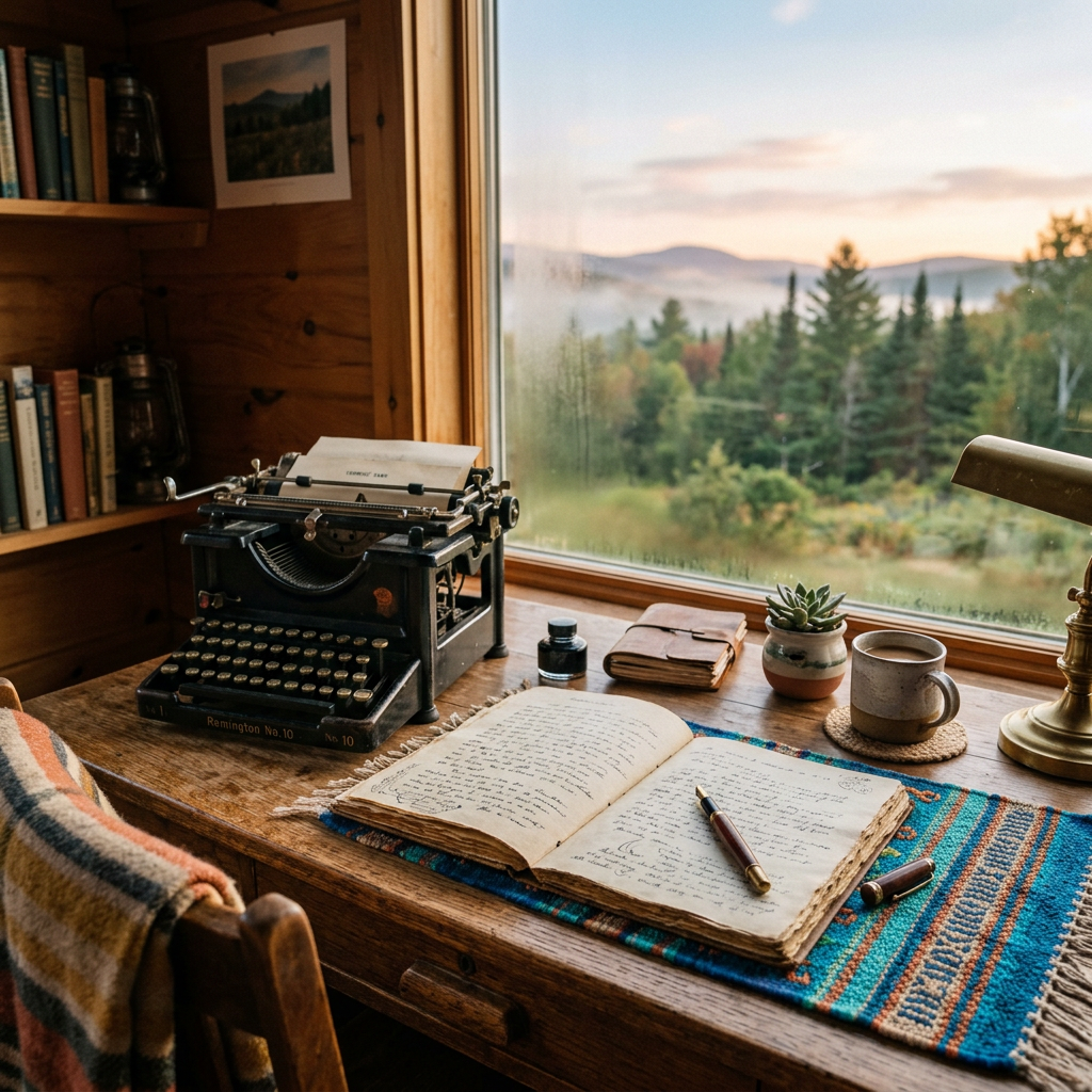 Open handwritten journal, vintage typewriter, coffee, and mountain view