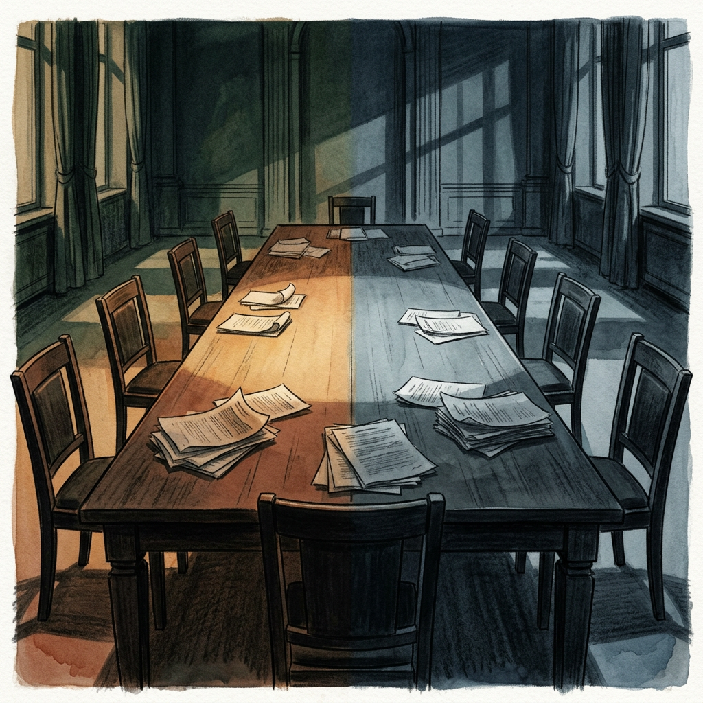 Negotiation table divided by warm and cool light