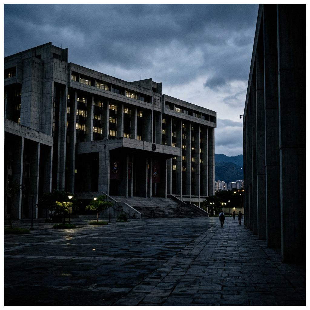 Concrete institutional building with lit windows and mountains at dusk