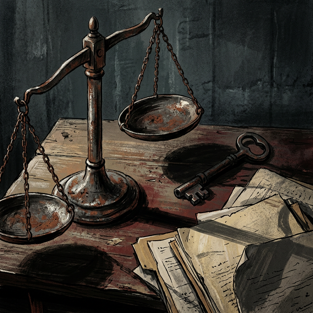 Antique balance scale, iron key, and papers on a weathered wooden table