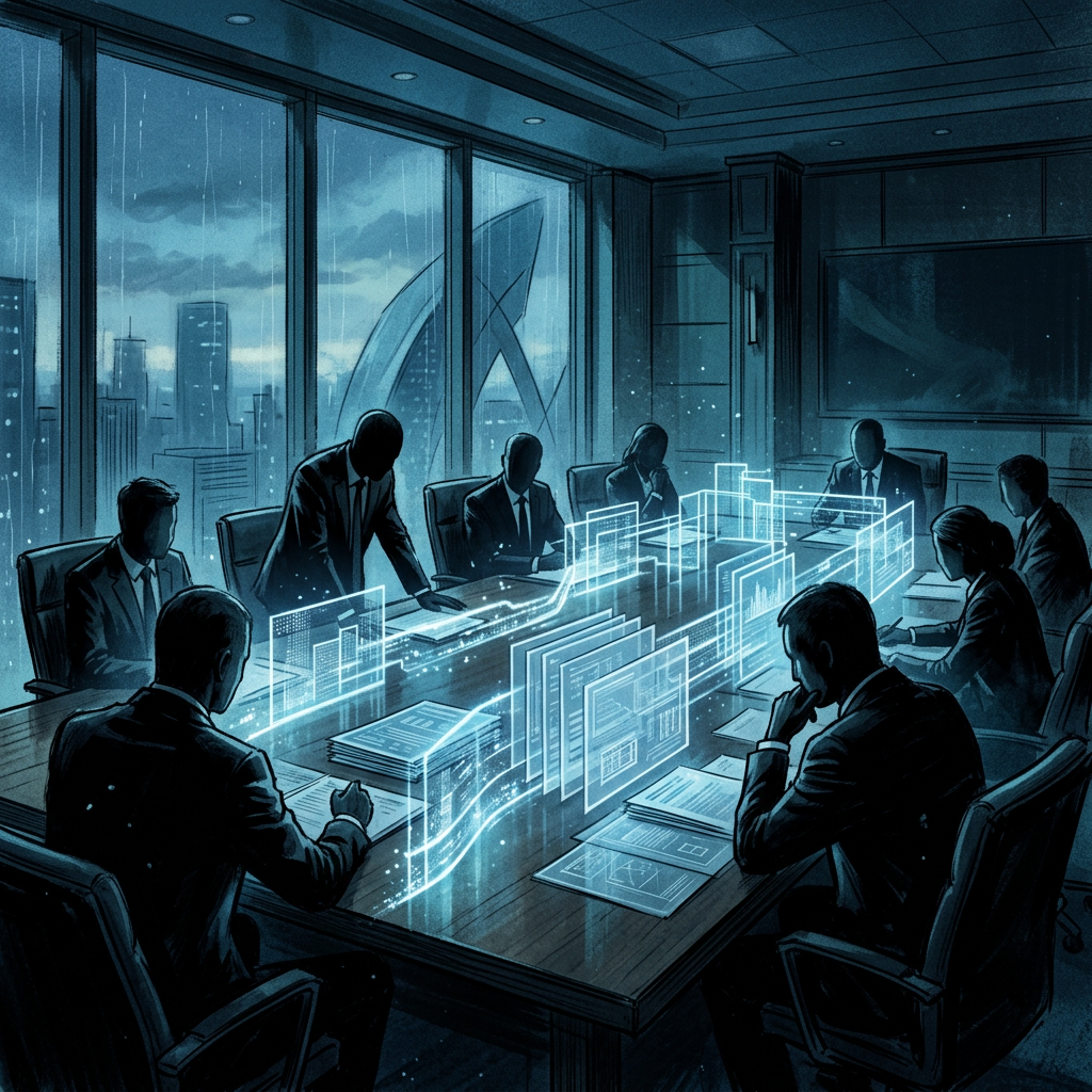 Executives meeting around a table with glowing digital analytics displays