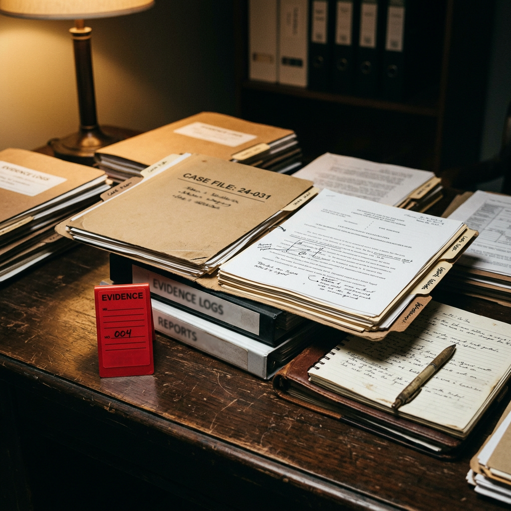 Investigation desk with case file 24-031, evidence logs, reports, and handwritten notes
