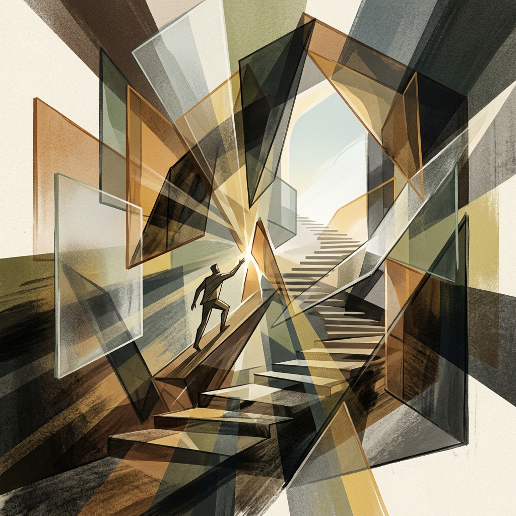 Abstract forms and fractured reflections symbolizing truth
