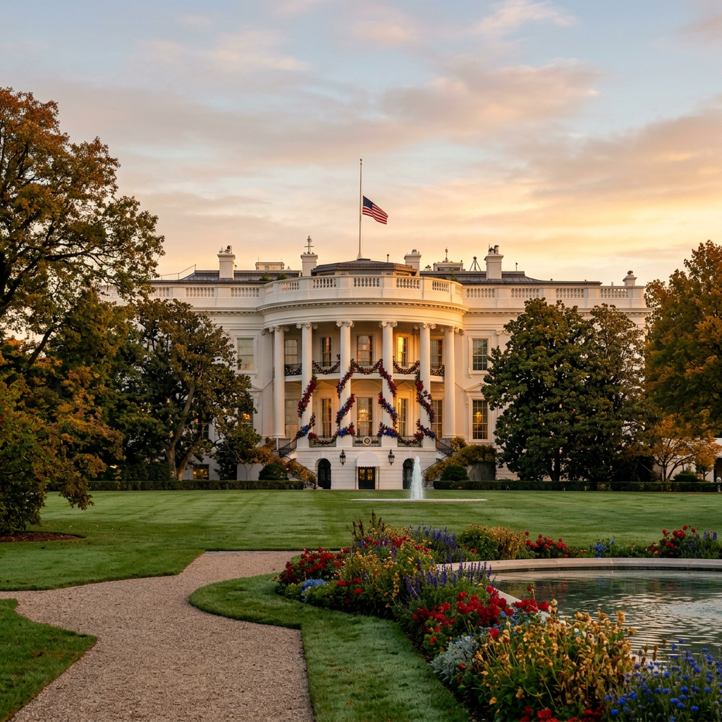 White House with American flag, autumn trees, gardens, and reflecting pool