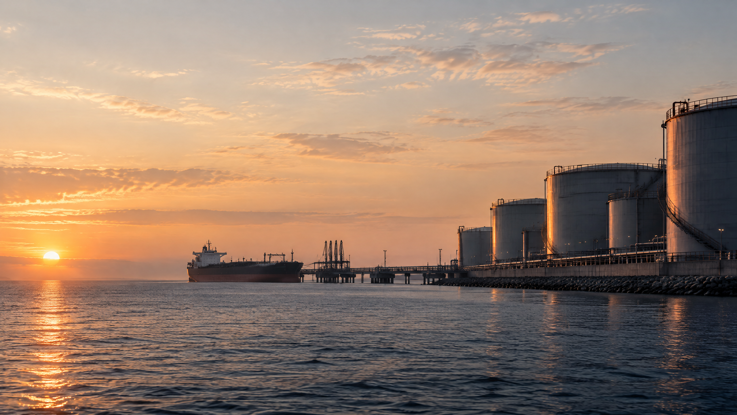 Terminal petrolera y buque tanque al amanecer, imagen editorial para un análisis de cifras de exportación.