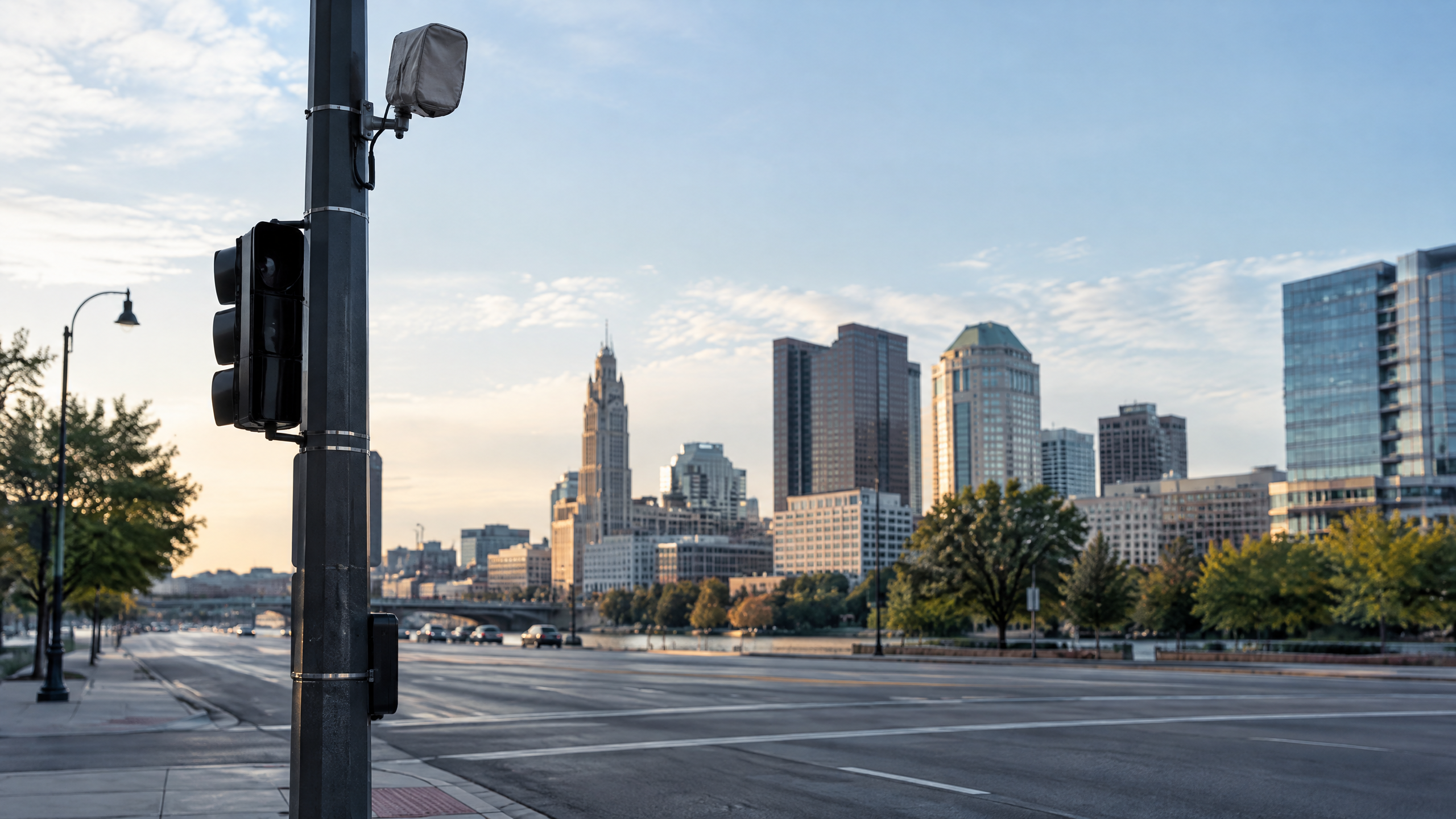 Intersección urbana de Columbus con una cámara lectora cubierta, sin placas legibles ni personas identificables.