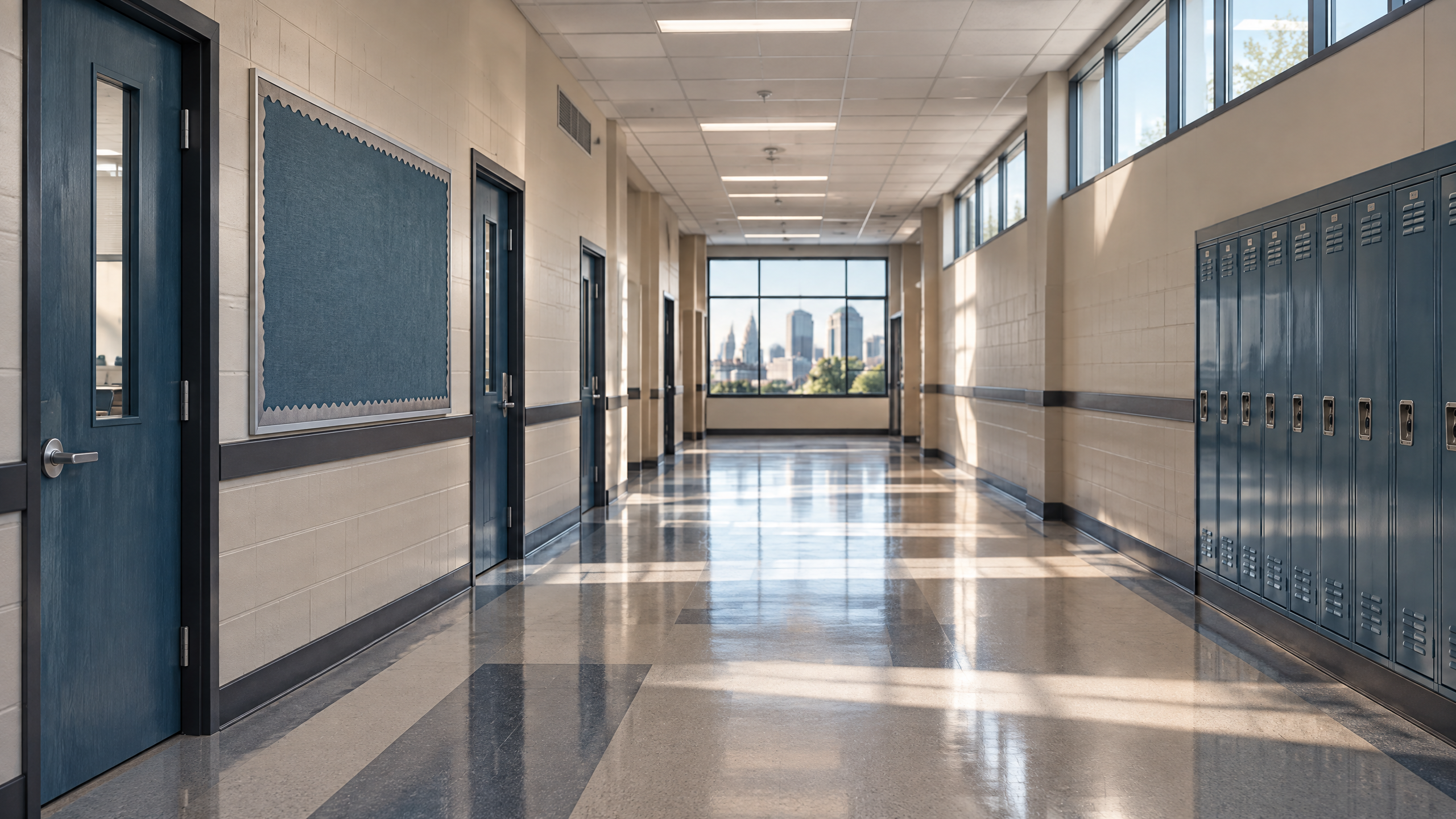 Pasillo escolar vacío sin menores identificables, como recurso editorial sobre presupuesto educativo.