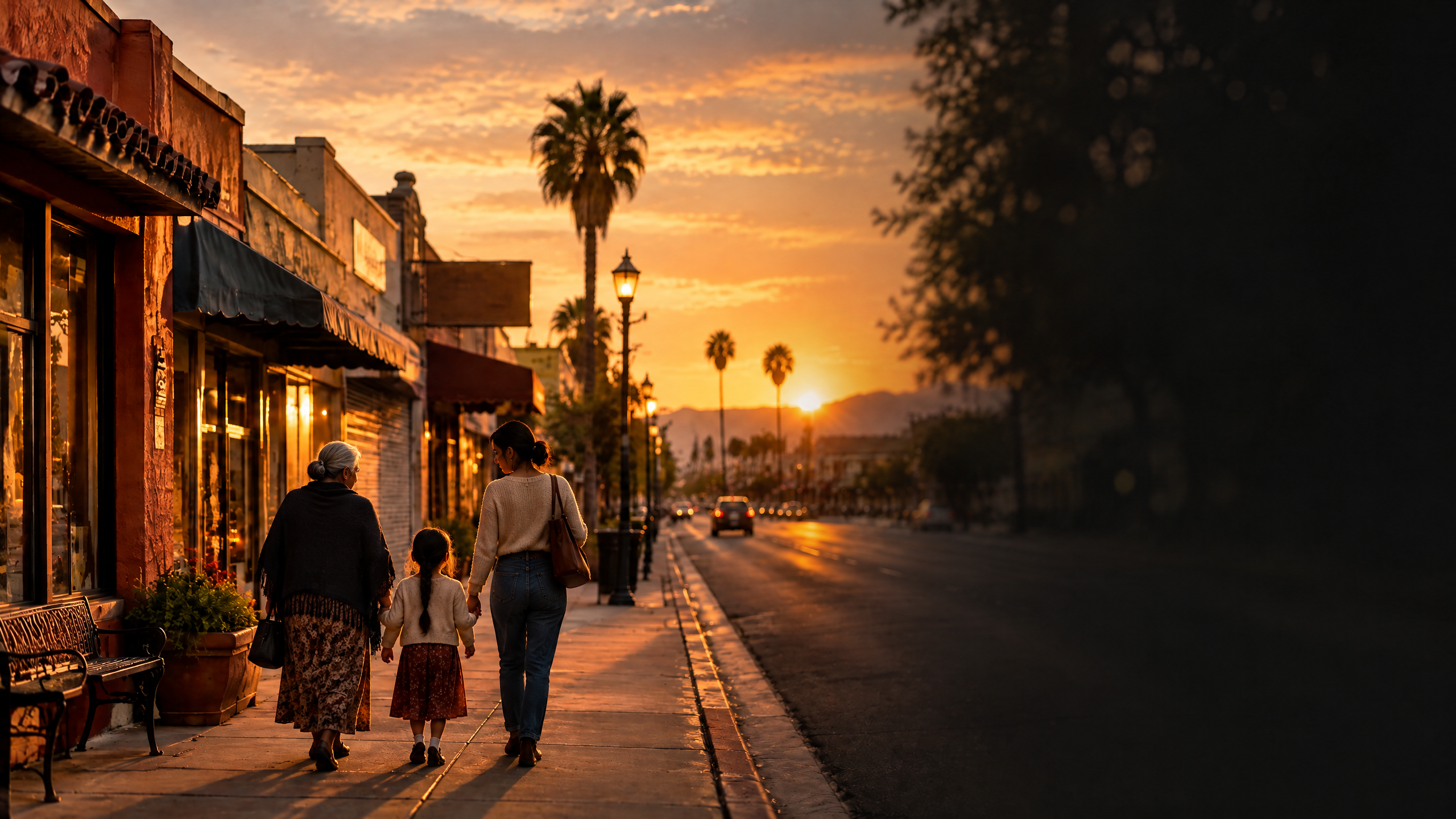A multigenerational Hispanic family walking at sunset in a neighborhood, viewed from behind.