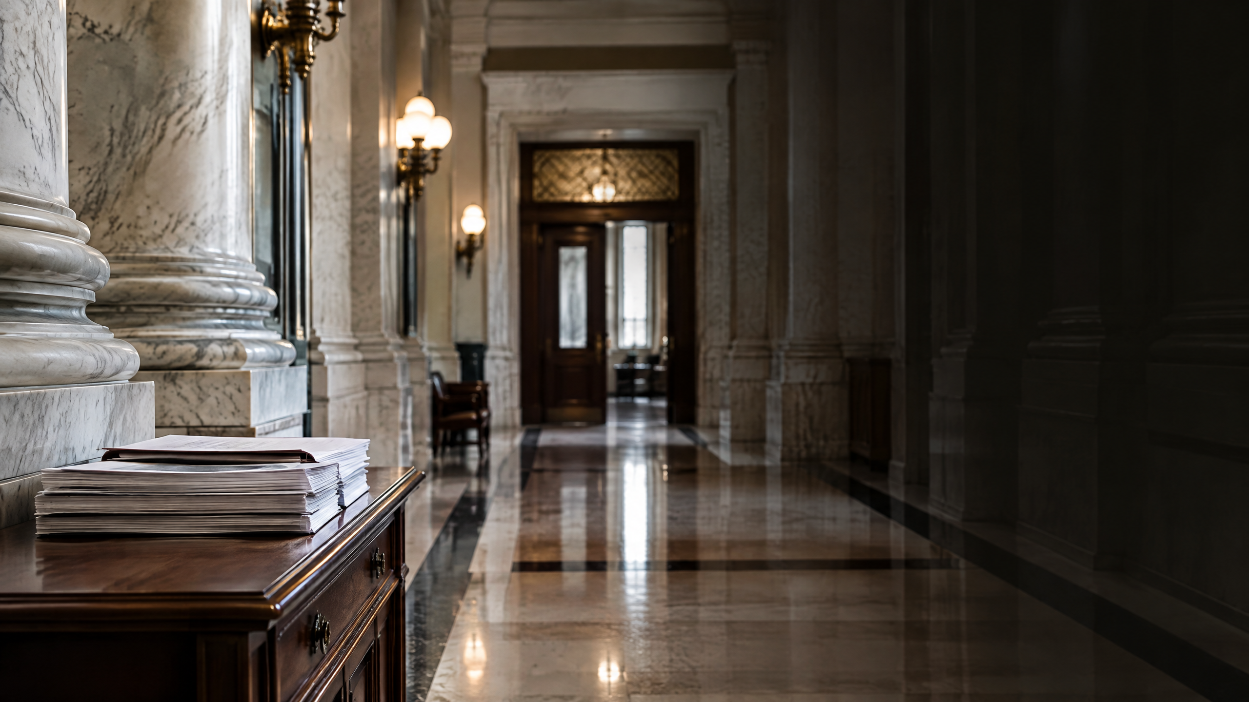 A quiet United States Capitol committee corridor with formal papers, no identifiable officials.