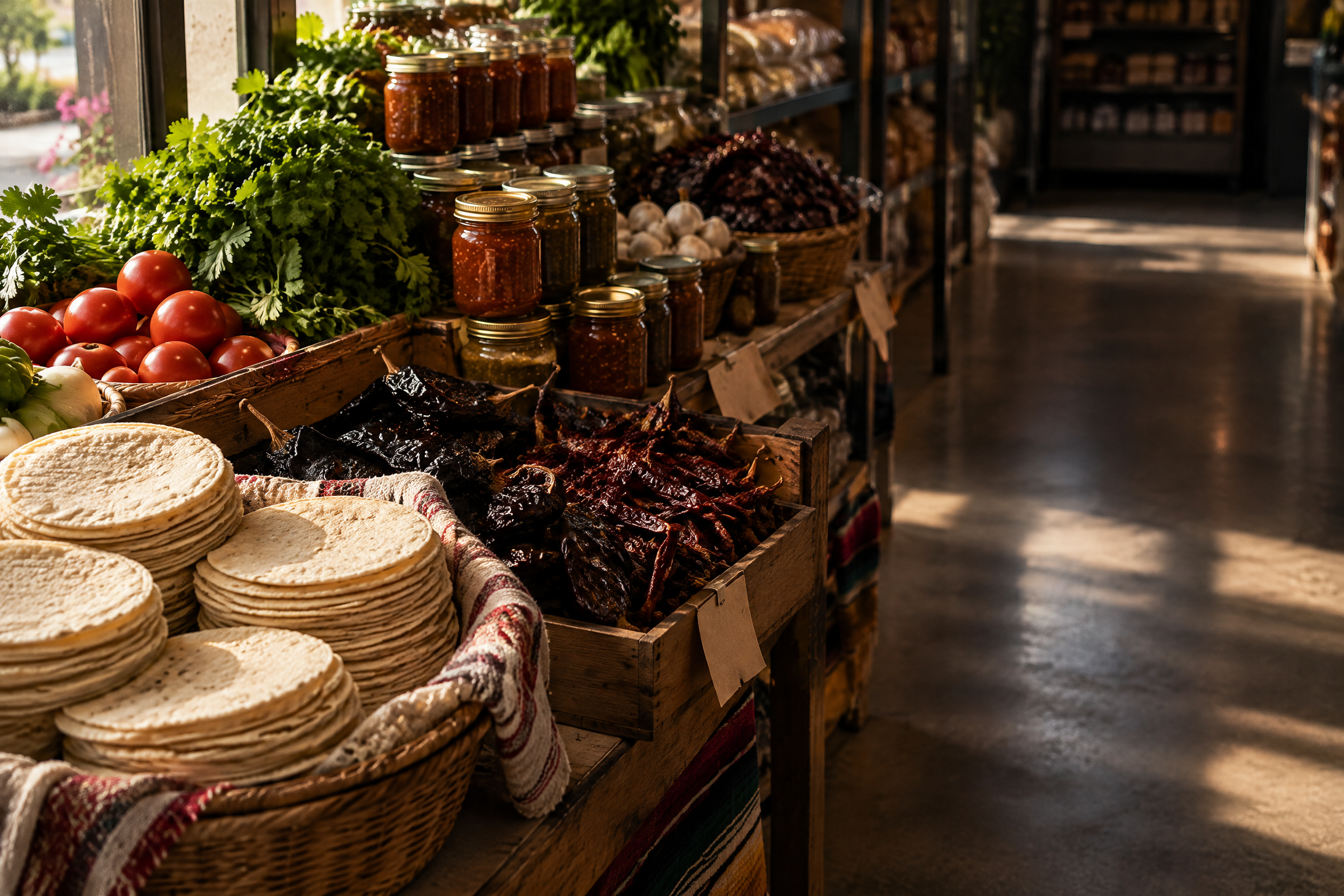 A carefully arranged Hispanic neighborhood grocery display with tortillas, salsa and dried chiles.