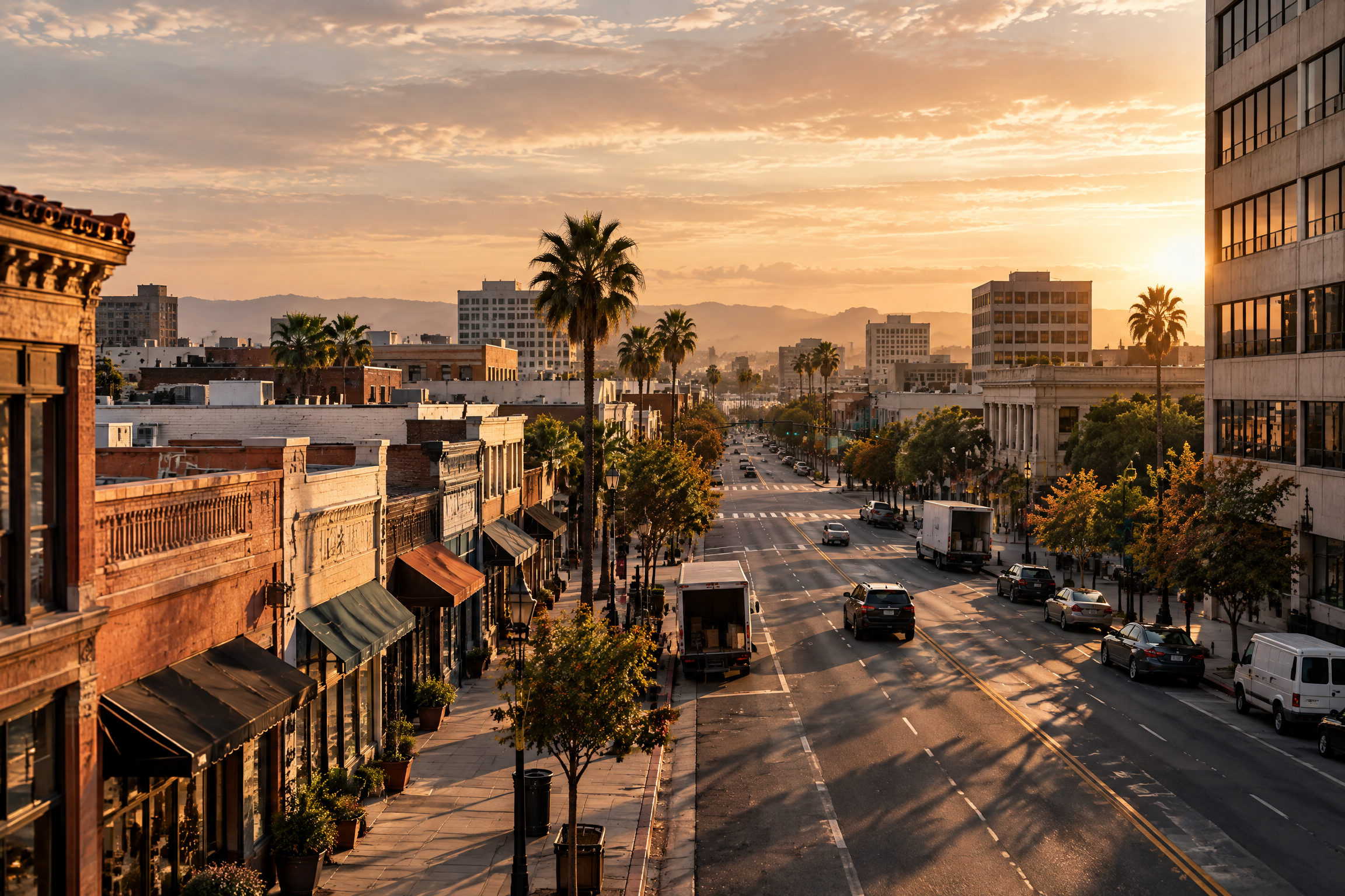 A United States commercial district at morning opening time.