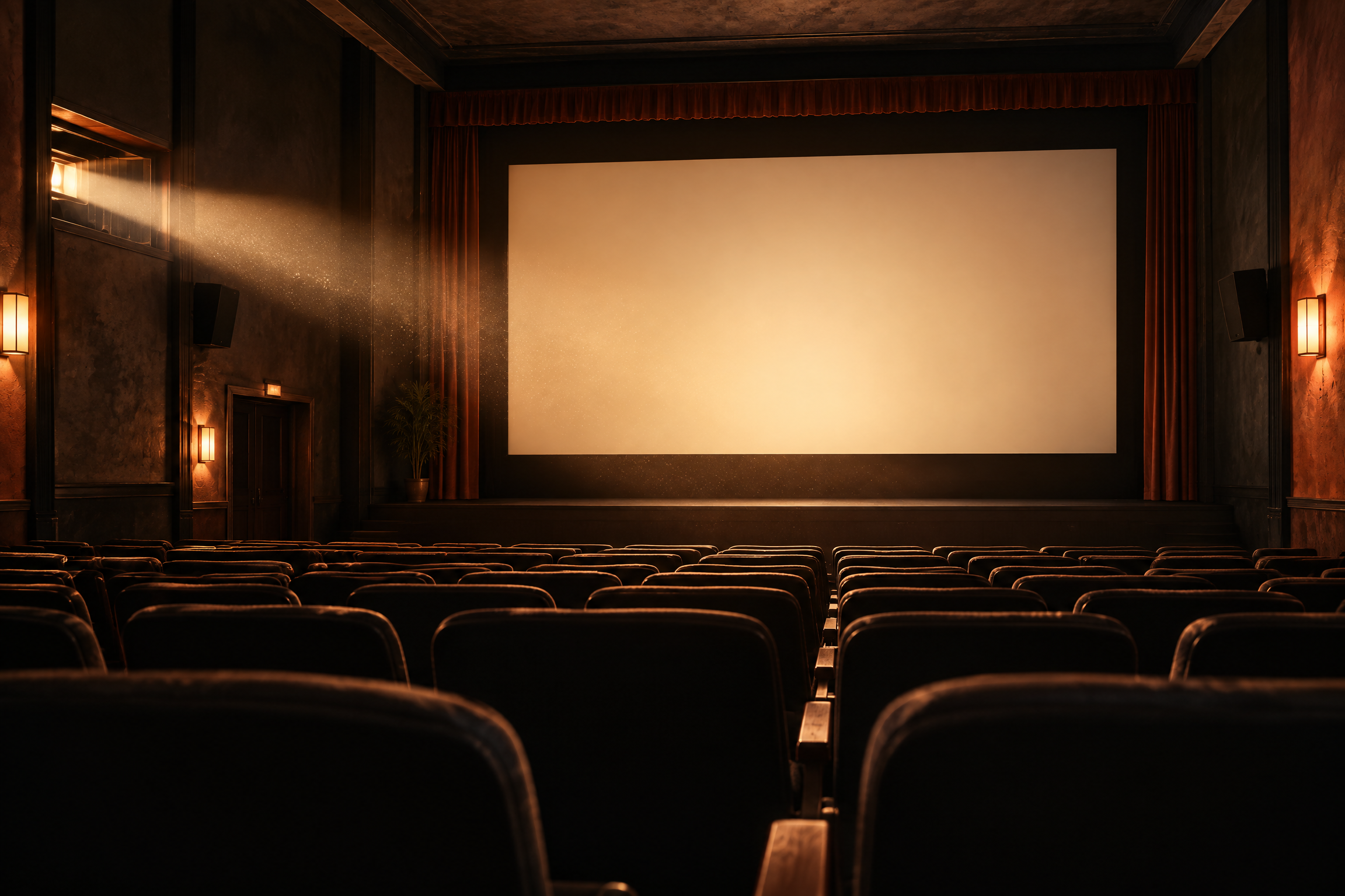 An empty independent cinema auditorium with a blank projection screen.