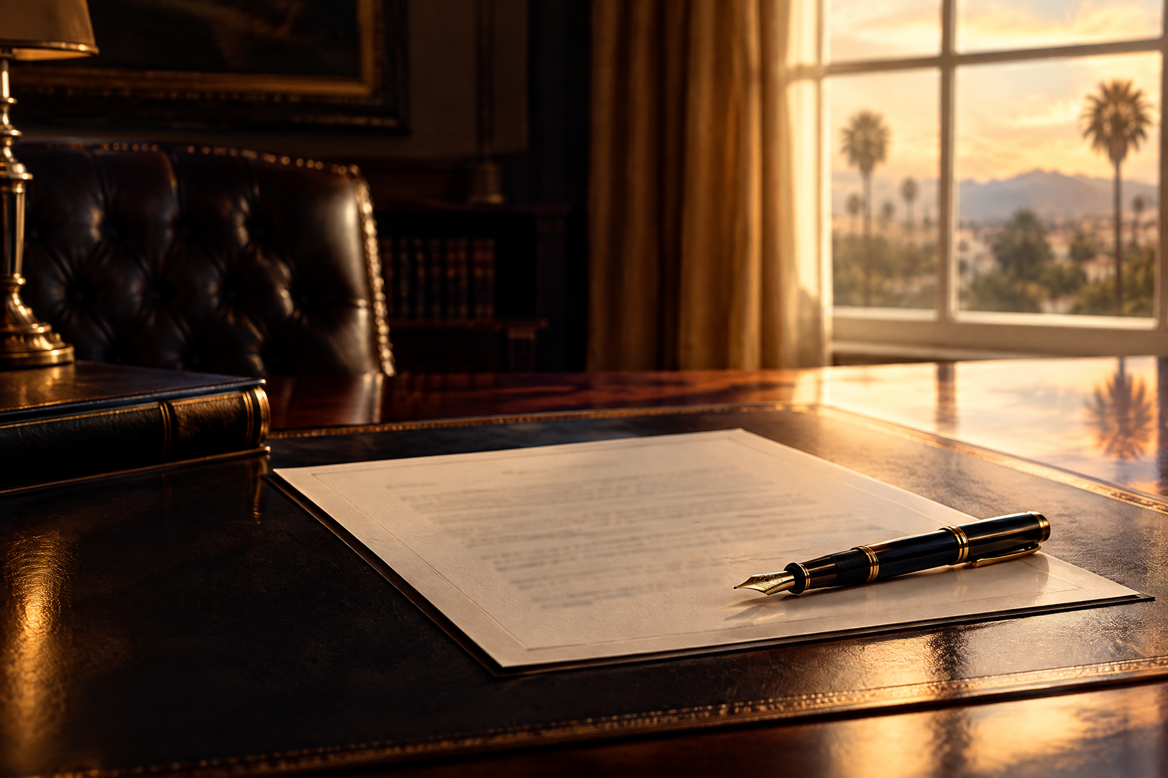 A formal signing desk and a document whose text is not readable.