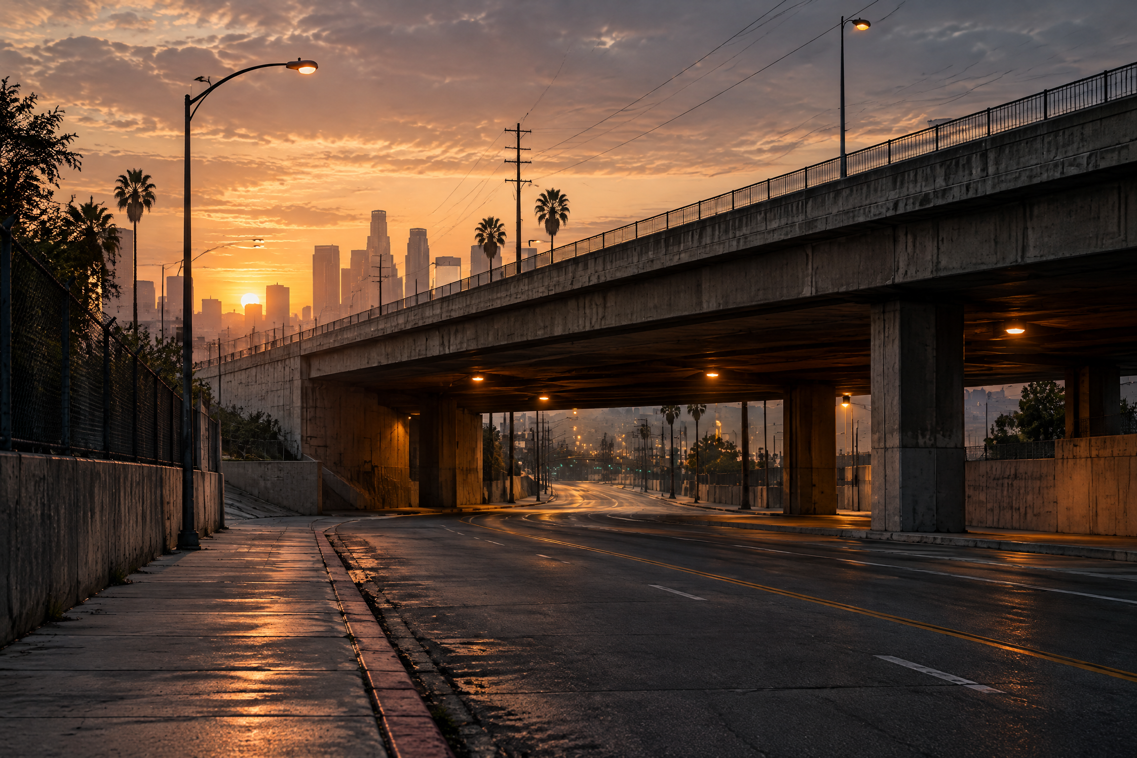 An anonymous Los Angeles urban streetscape at dawn, without people or violence.