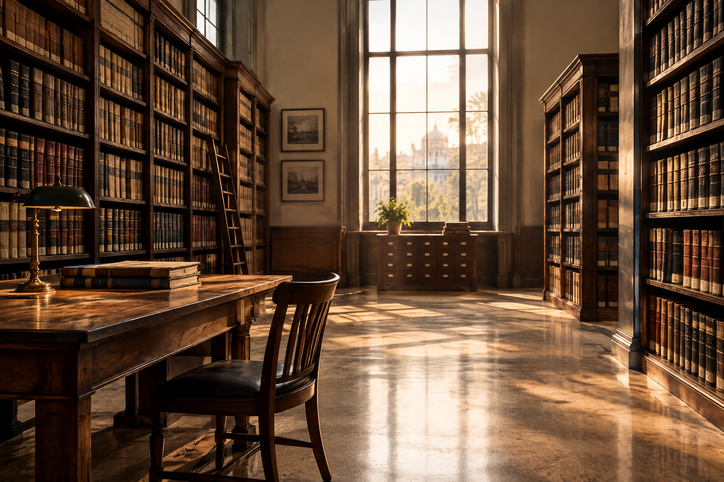 An unoccupied civic research archive with public records and a reading desk.