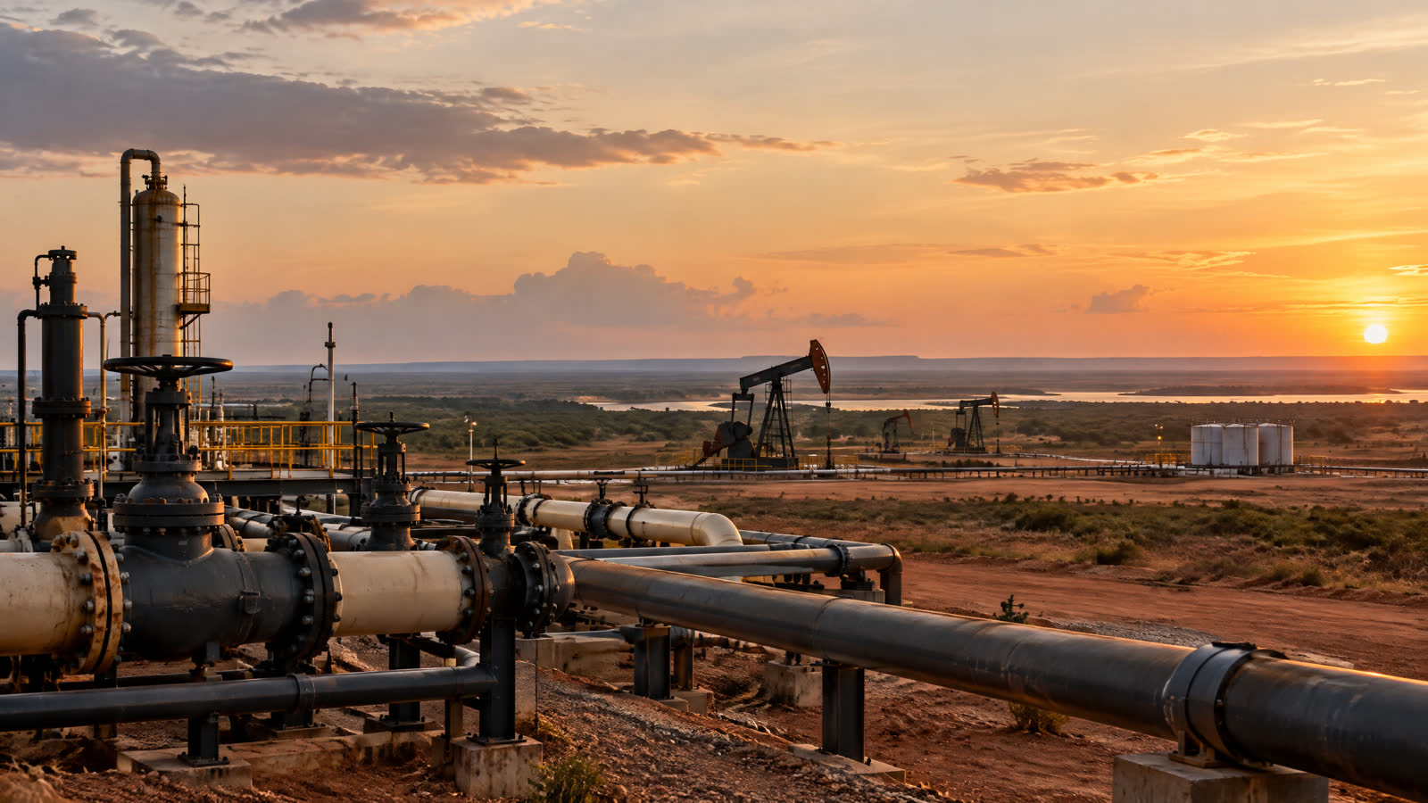 Foto editorial de una instalación petrolera o de un paisaje de la faja. Sin logotipos corporativos.