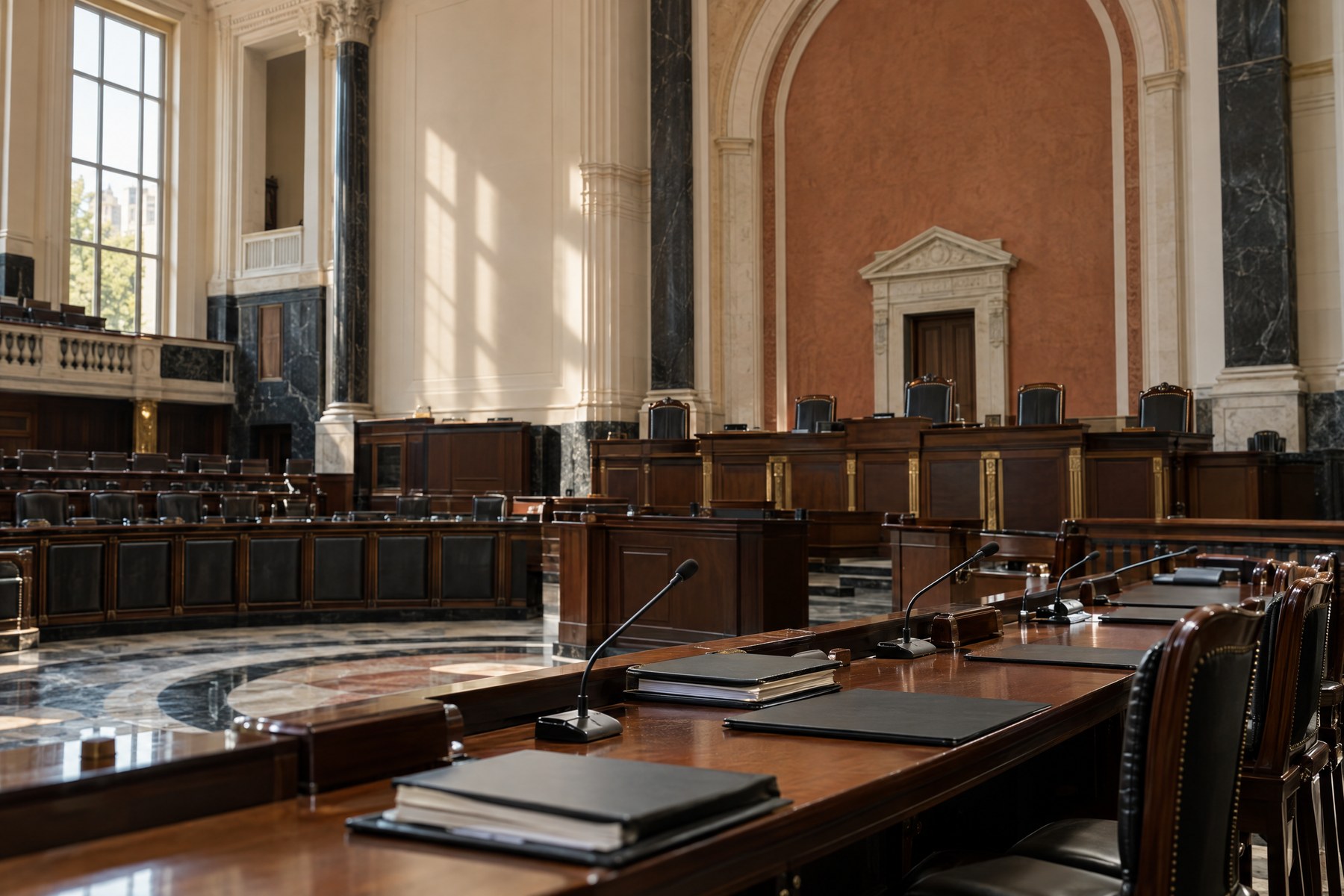 Sala legislativa vacía, imagen editorial del comité de postulaciones judiciales.