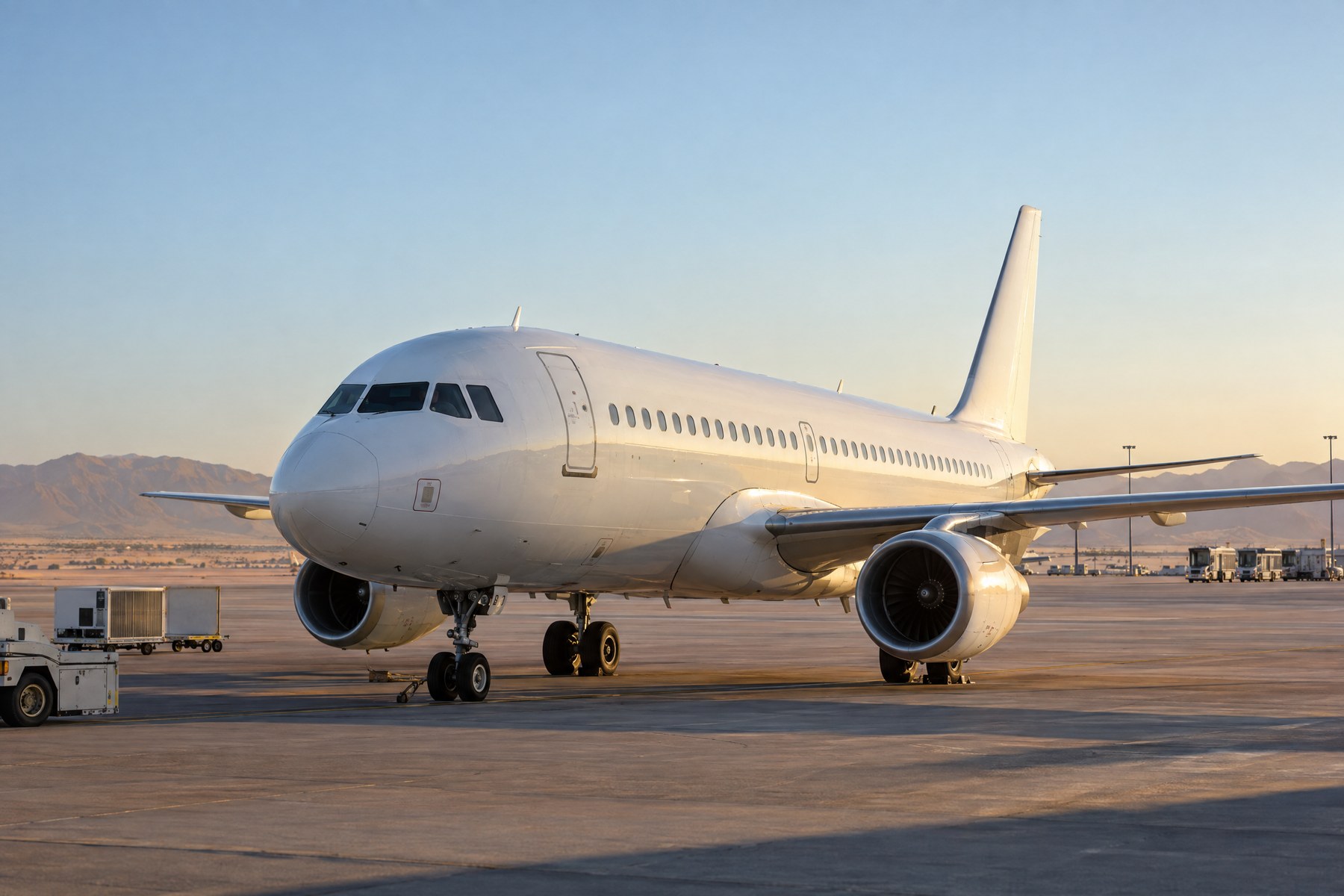 Avión comercial en un aeropuerto desértico, imagen editorial de aviación.