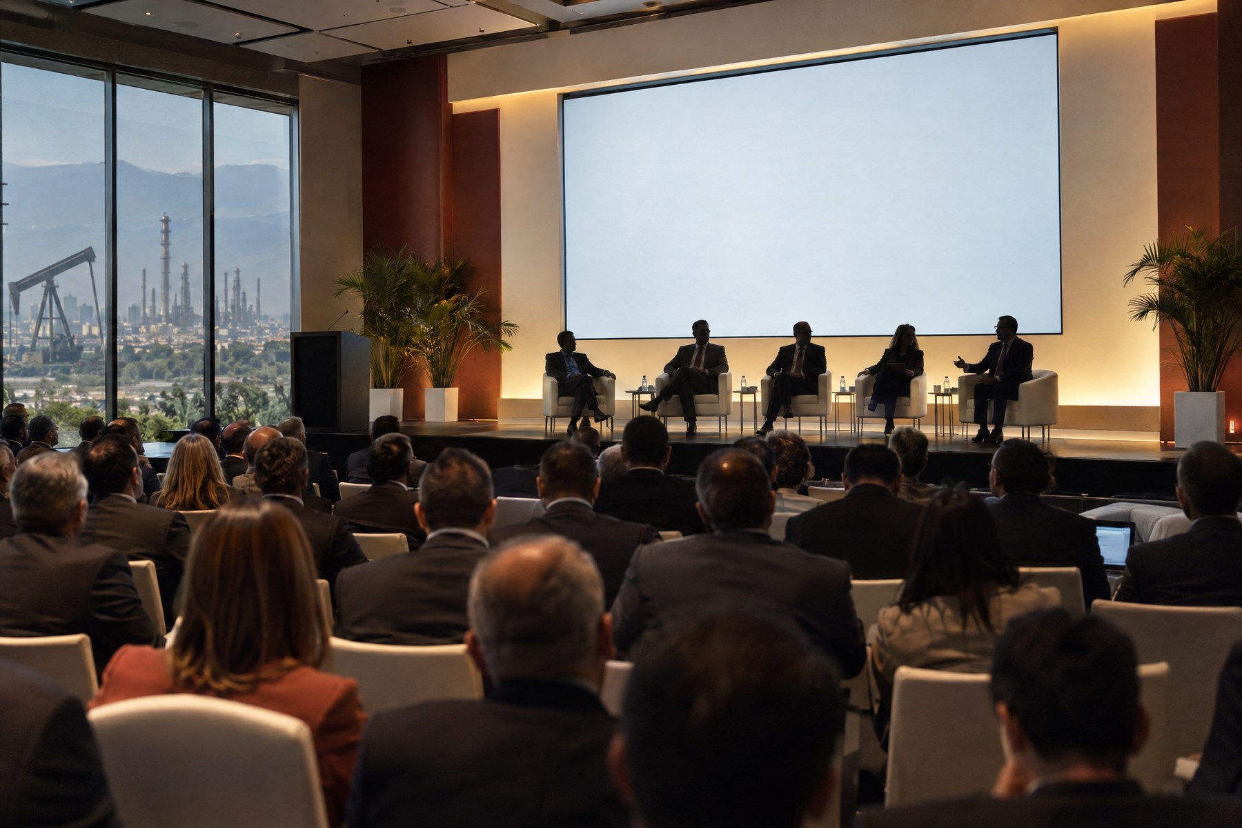 Foro energético con instalaciones petroleras al fondo.