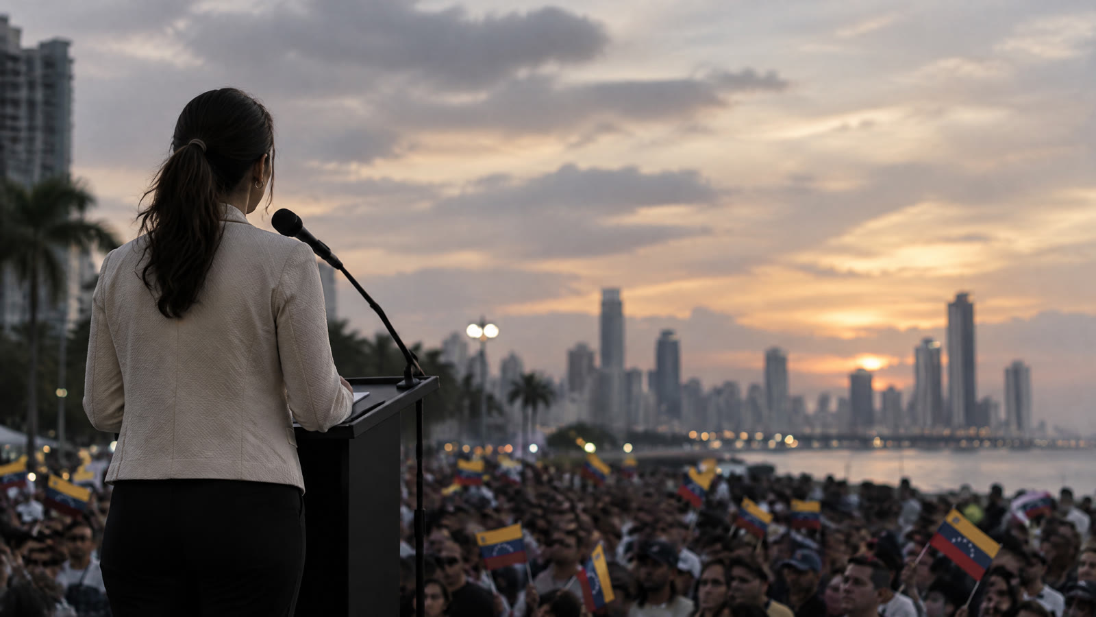 Foto de archivo de Machado en acto público en Ciudad de Panamá (mayo de 2026) o en tarima de campaña 2024. Encuadre sobrio, sin montaje.