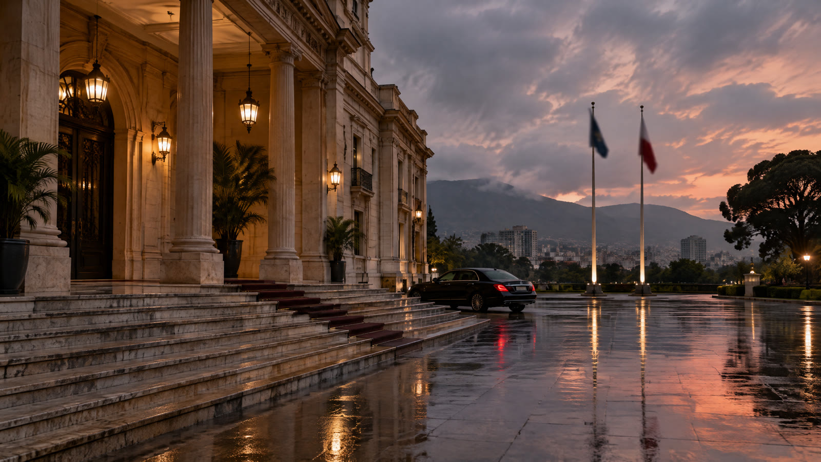 Foto de agencia (EFE) de Peña y Rodríguez en la entrada de Miraflores, sábado 19 de septiembre de 2026, con ambas banderas.