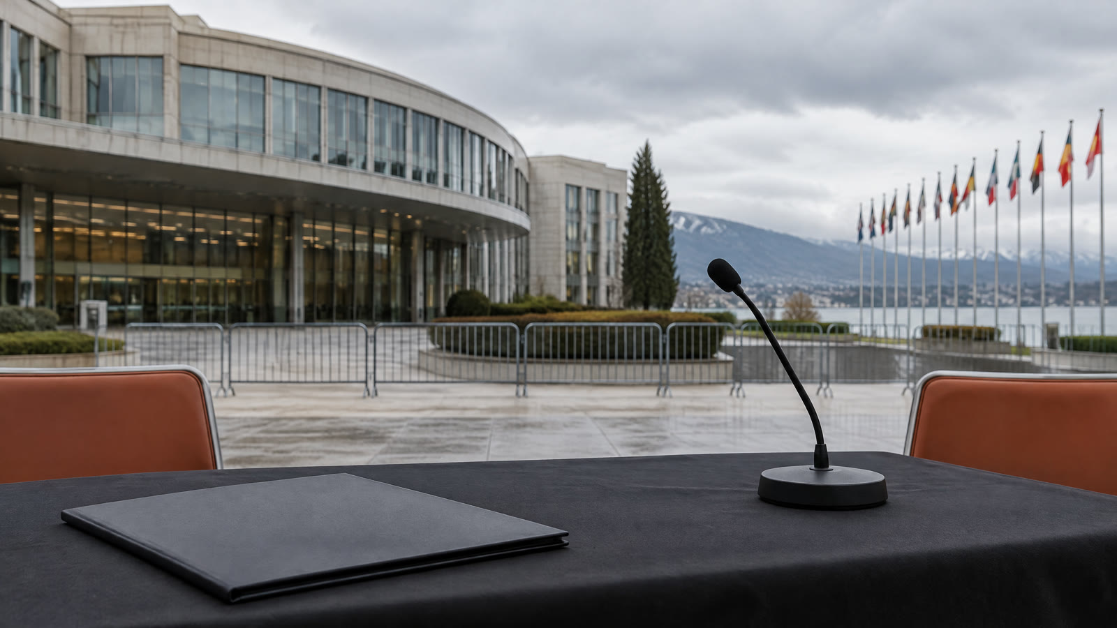 Foto editorial sobria: sala del Consejo de Derechos Humanos en el Palais des Nations, Ginebra, o vigilia de familiares de presos políticos con velas. Nunca imágenes forenses.
