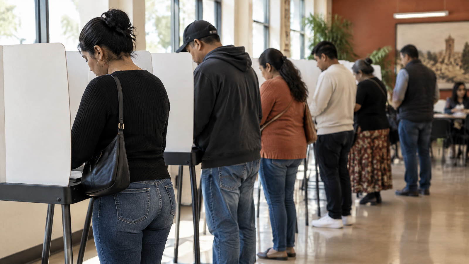 Foto editorial de un centro de votación con señalización bilingüe en Texas o Florida, archivo.