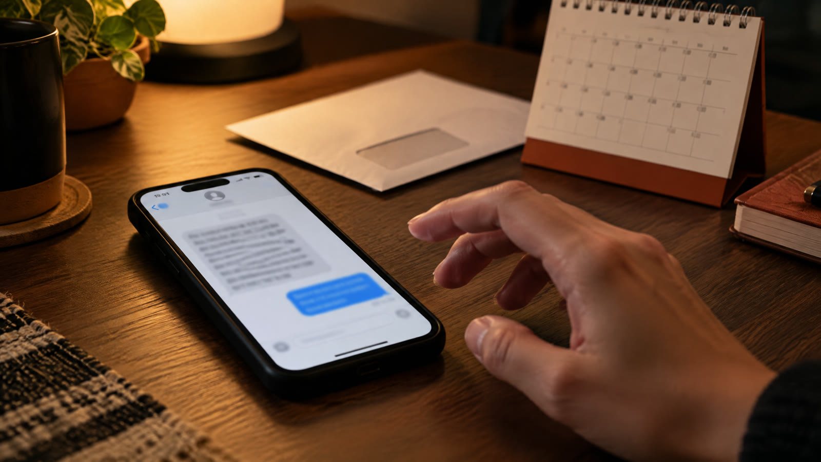 Foto editorial de un teléfono con un mensaje genérico de texto borroso, sin marcas ni datos reales.