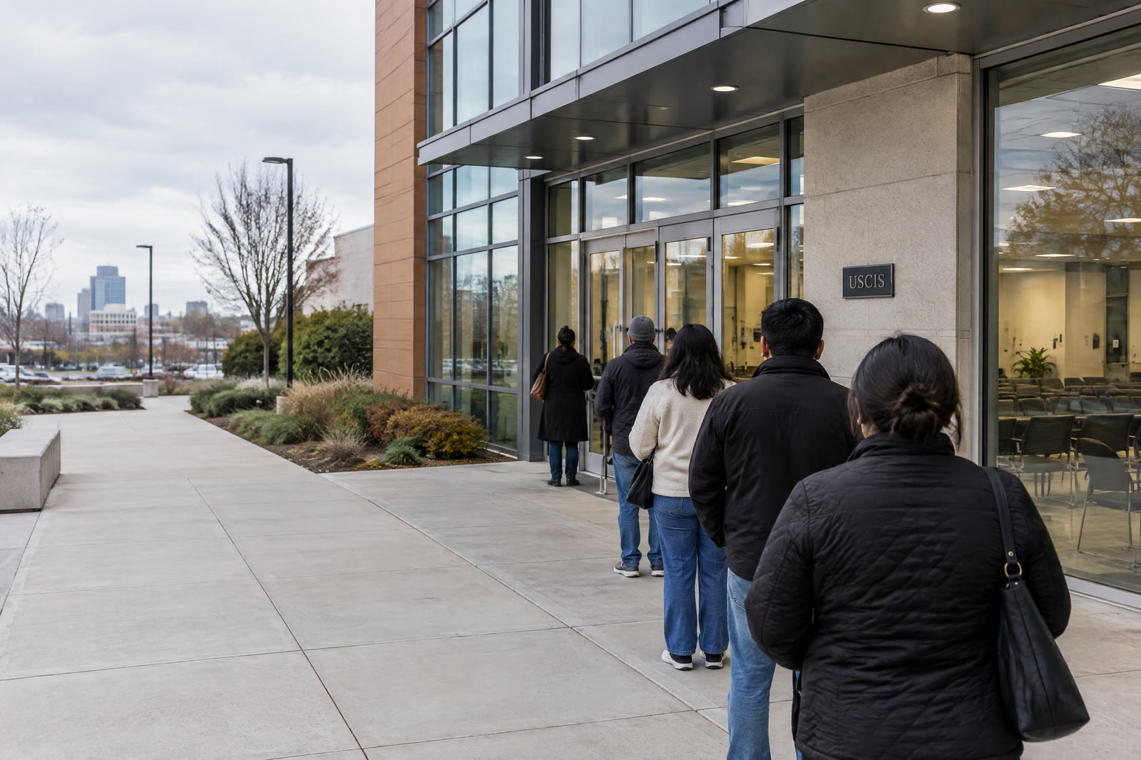 Fila de solicitantes frente a una oficina de USCIS