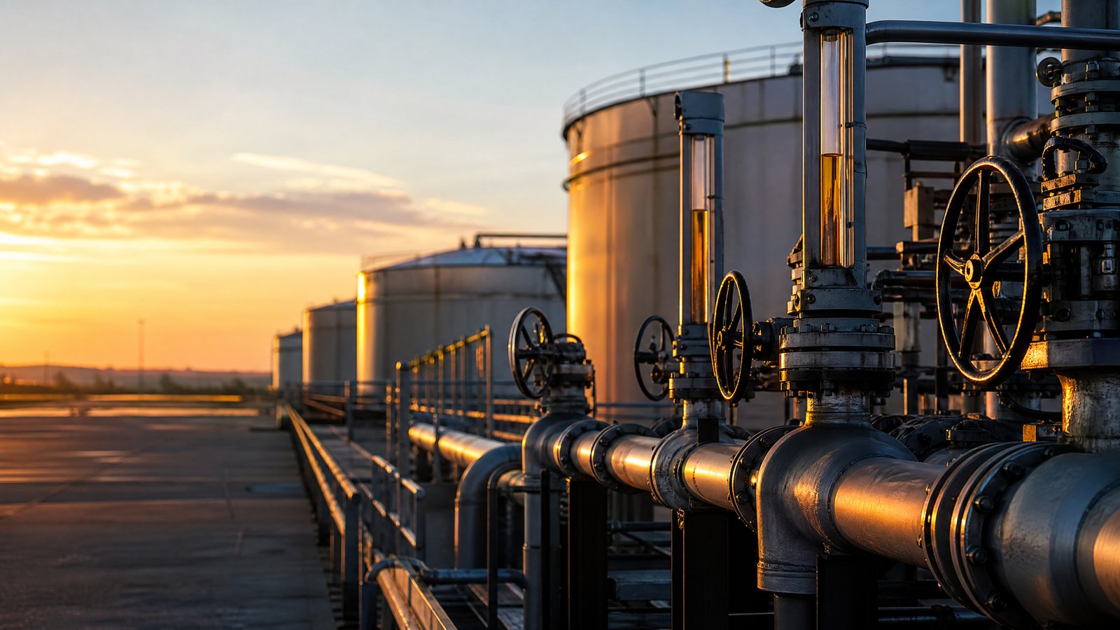 Terminal petrolero con válvulas y tanques como recurso editorial para explicar la compra a costo de producción.
