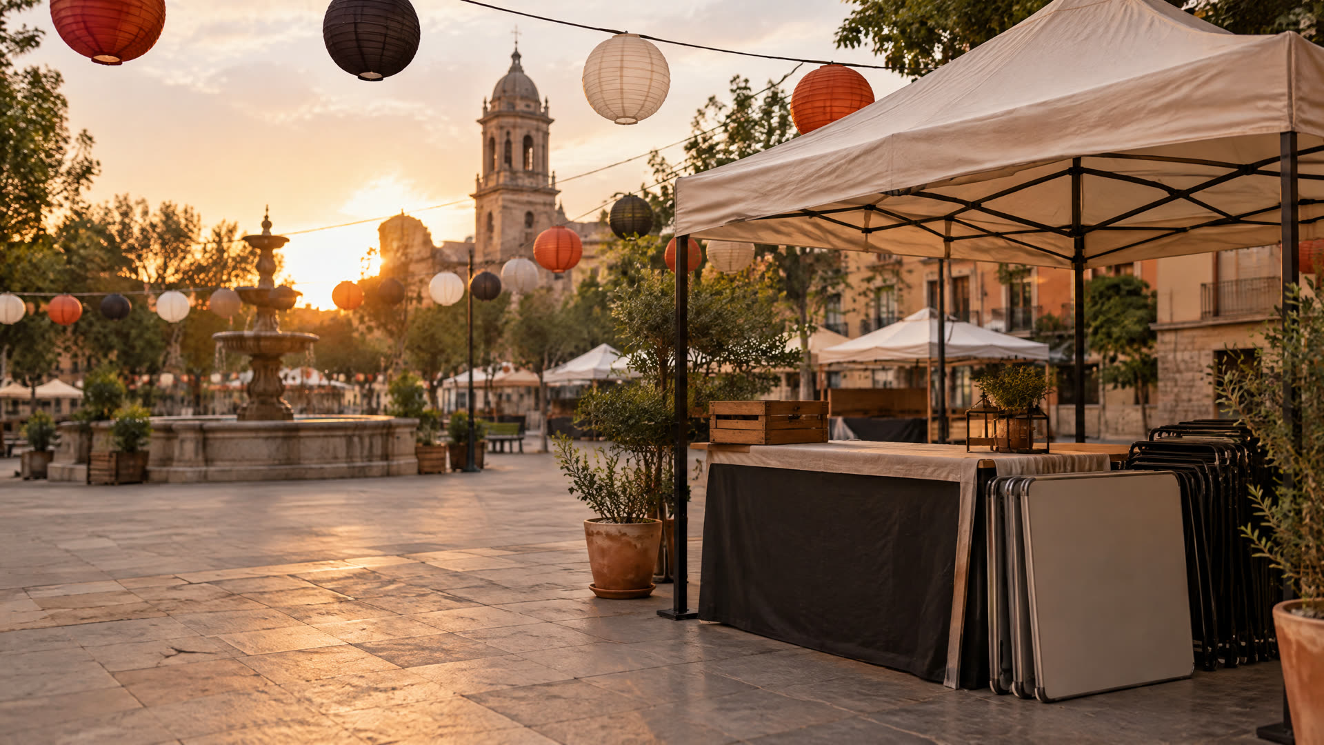 Foto editorial de un puesto de feria o una calle con toldos. Sin marcas ni personas identificables.