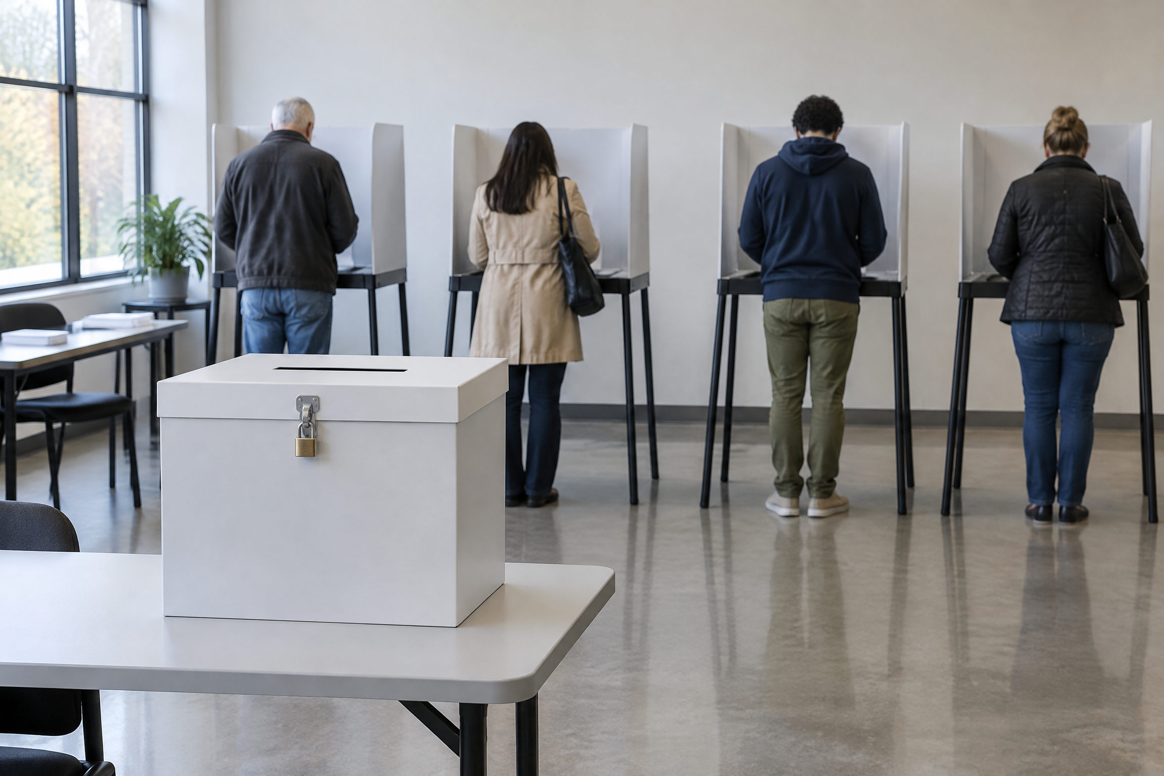 Imagen conceptual de un centro de votación estadounidense y una urna sin símbolos partidistas.