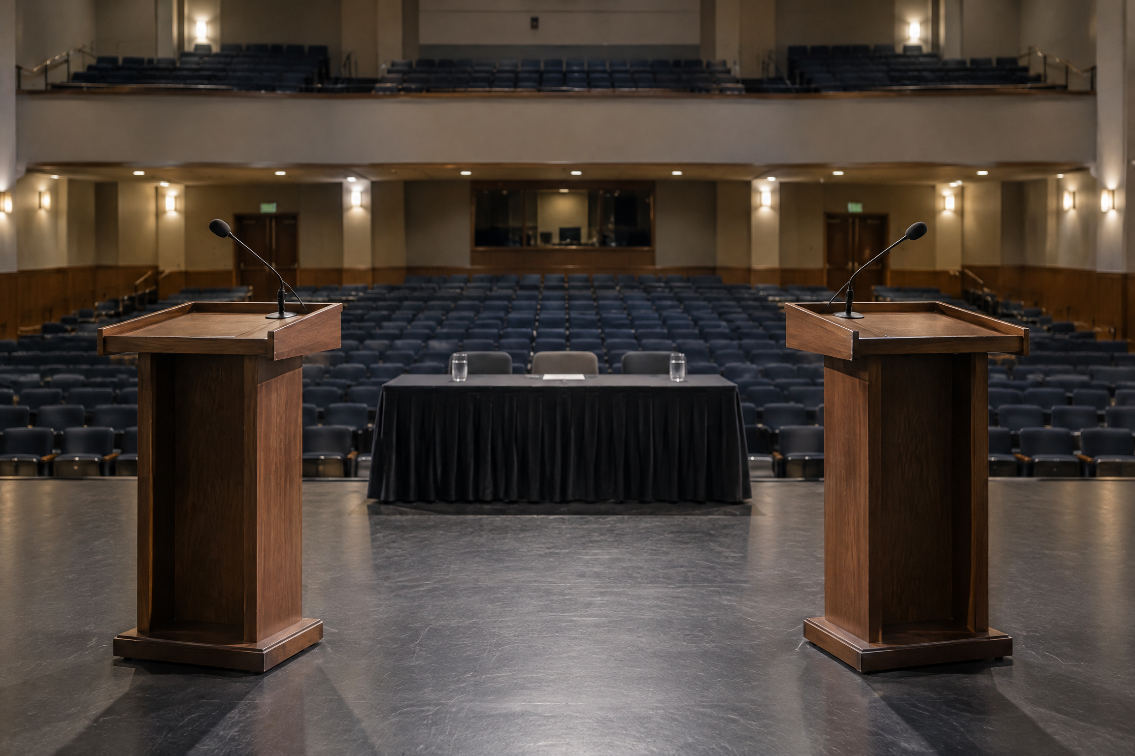 Imagen conceptual de atriles vacíos en un debate de Ohio, sin campaña ni personas identificables.