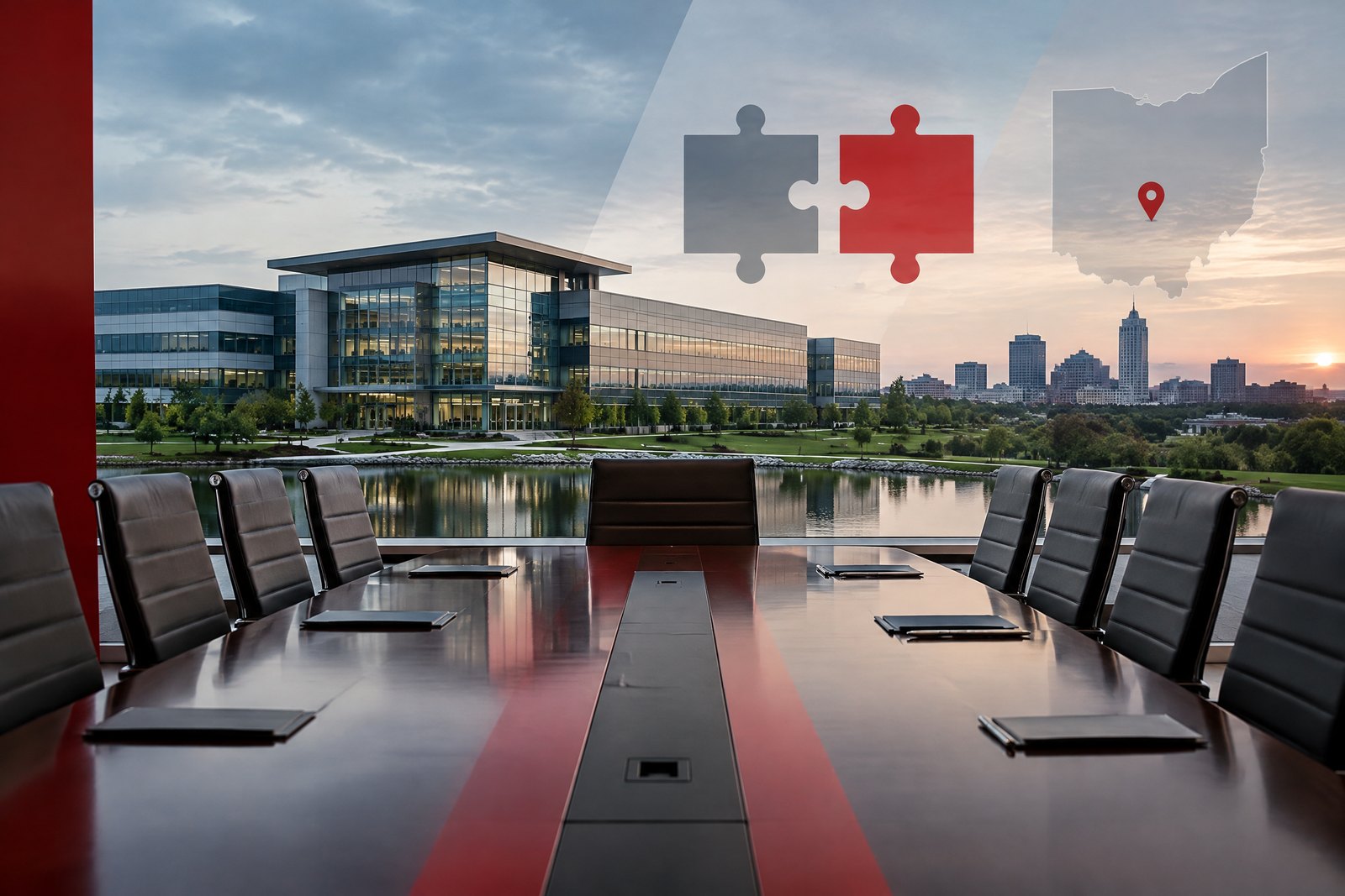 Imagen conceptual de una sede corporativa y una mesa de directorio.
