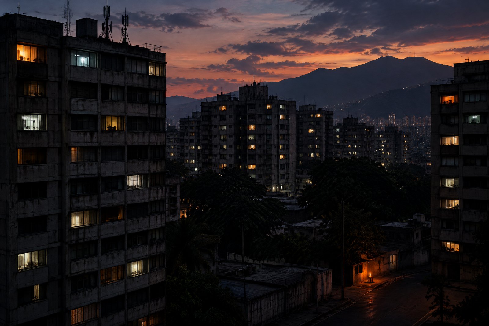 Imagen conceptual de edificios urbanos con iluminación irregular al anochecer.