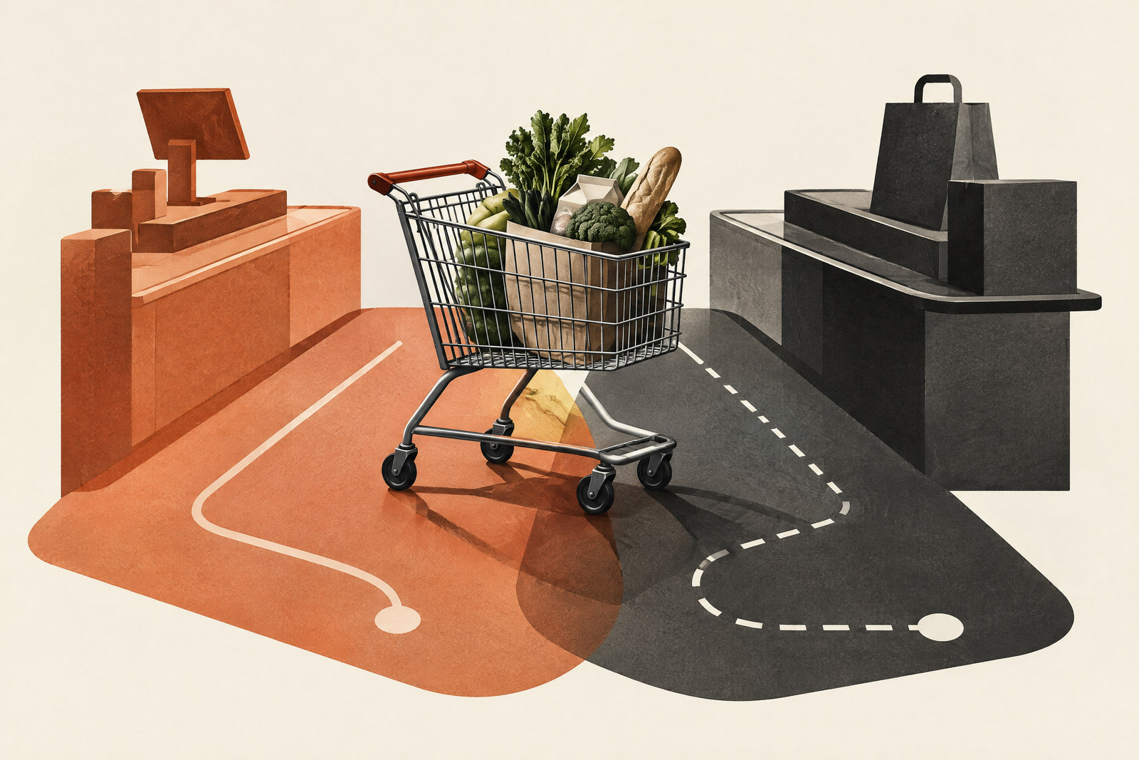 Ilustración conceptual sobre compras, reparto y plataformas digitales.
