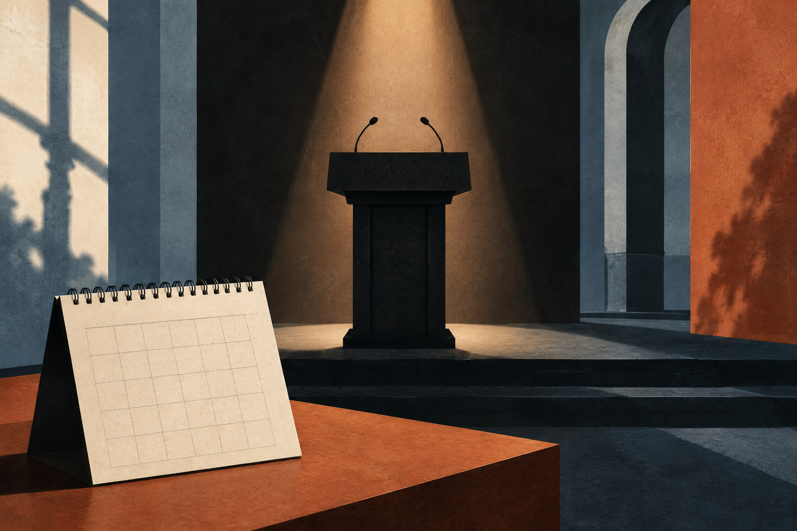Ilustración conceptual sobre una alocución y un calendario sin fecha.