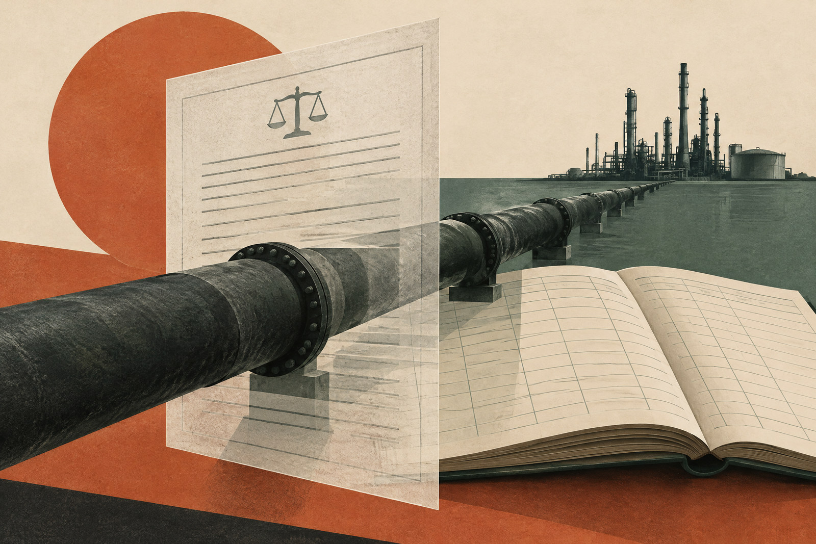 Ilustración conceptual sobre contratos, petróleo y transparencia.