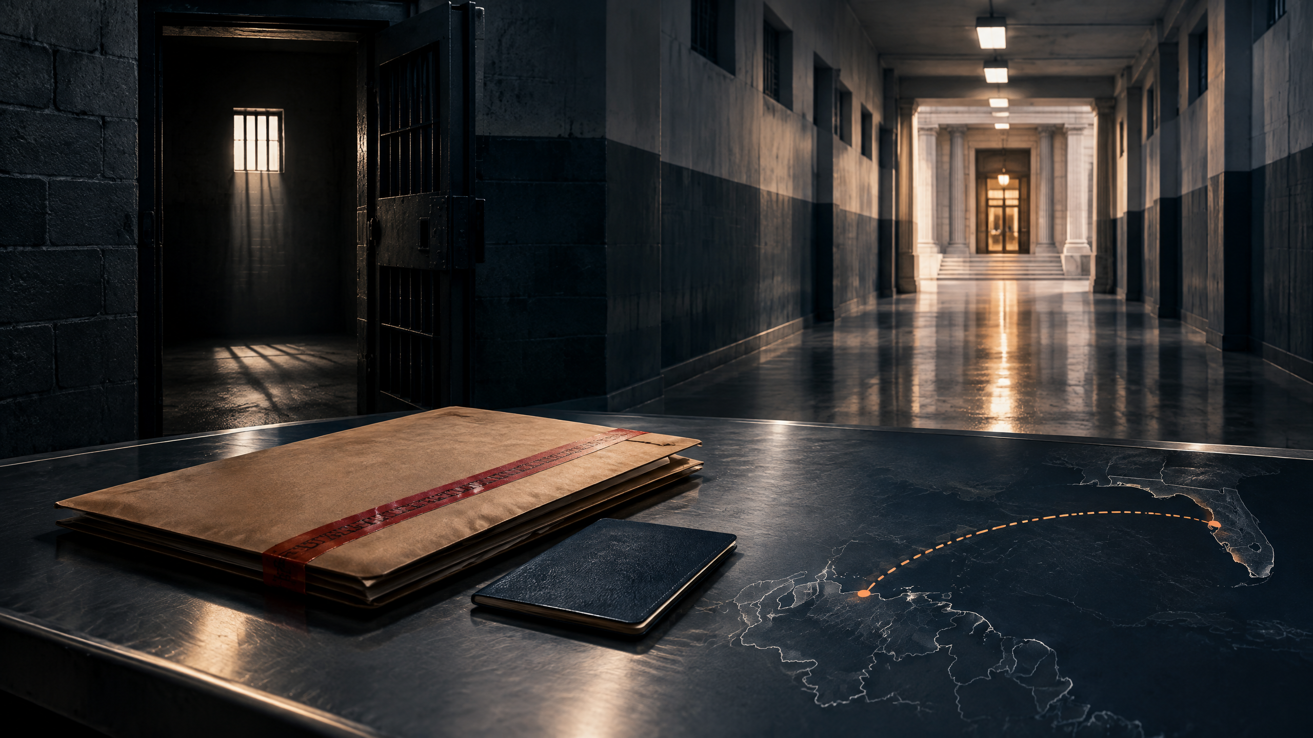 Imagen conceptual de un traslado penitenciario y un expediente judicial entre Venezuela y Estados Unidos