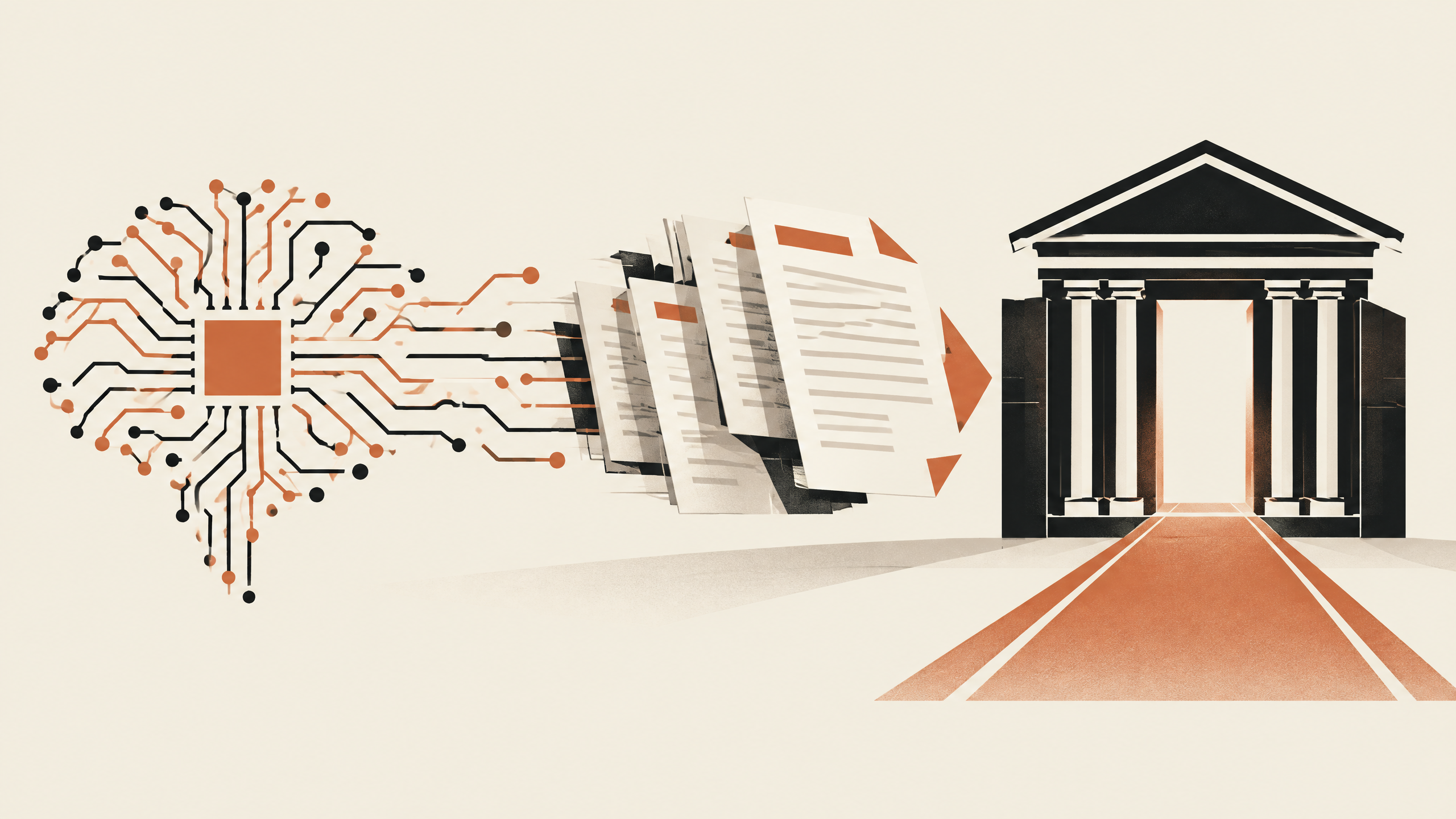 Ilustración conceptual de inteligencia artificial y documentos regulatorios ante un mercado de capitales.