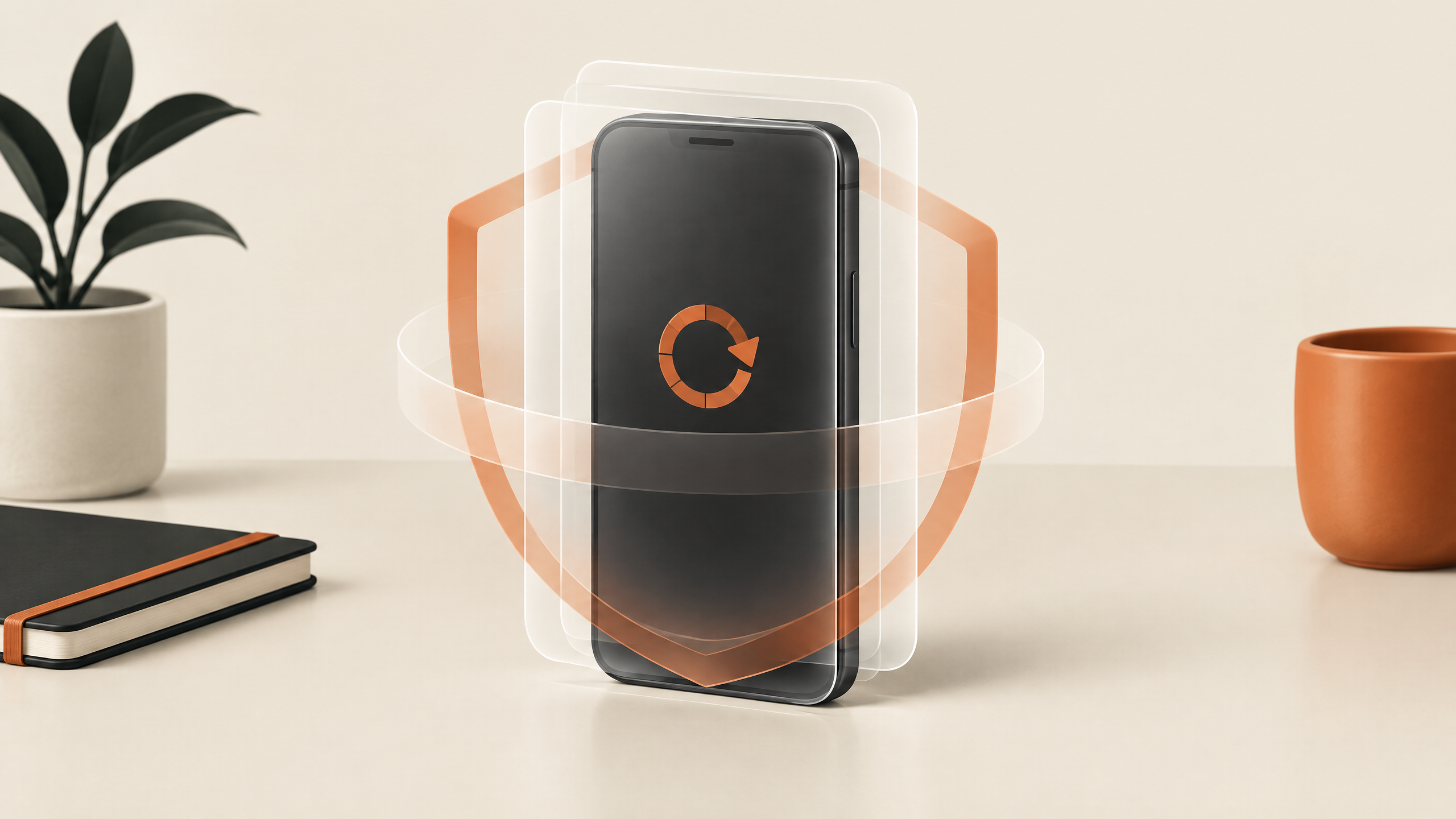 Ilustración conceptual de un teléfono protegido por capas de seguridad y una actualización.