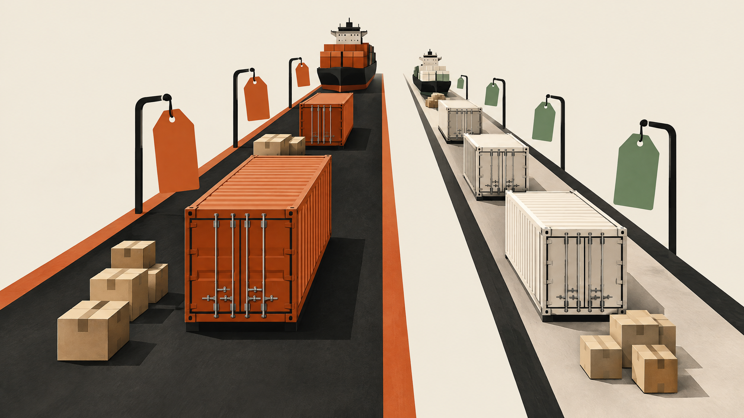 Ilustración conceptual de mercancías y rutas de costos que cambian por medidas arancelarias.