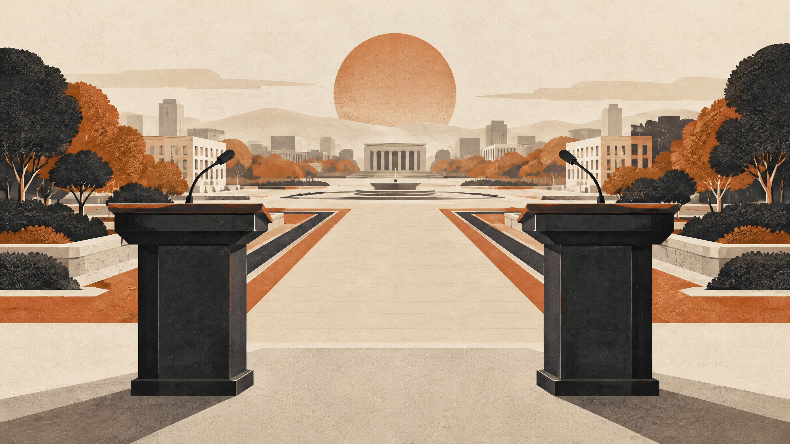 Ilustración conceptual de tribunas vacías y una vía pública sobre garantías políticas y espacio cívico.