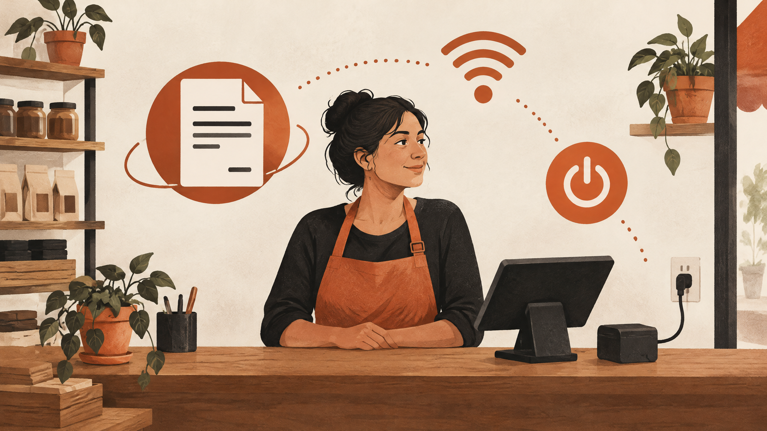 Ilustración conceptual de un pequeño comercio, facturación digital, conectividad y energía.