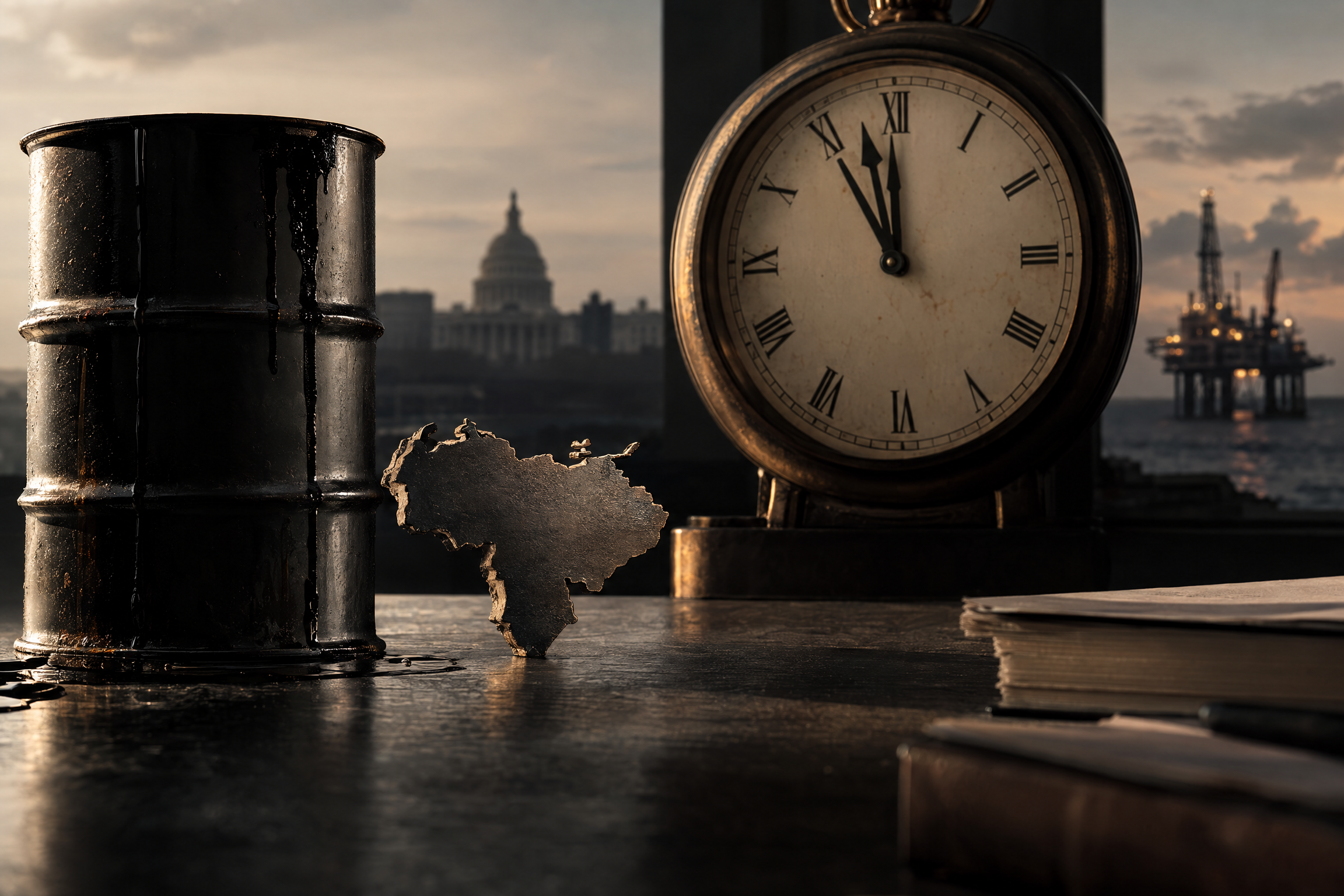 Composición conceptual sobre el petróleo venezolano, el tiempo político y las elecciones: barril de crudo, mapa de Venezuela y reloj frente a Washington y una plataforma petrolera.