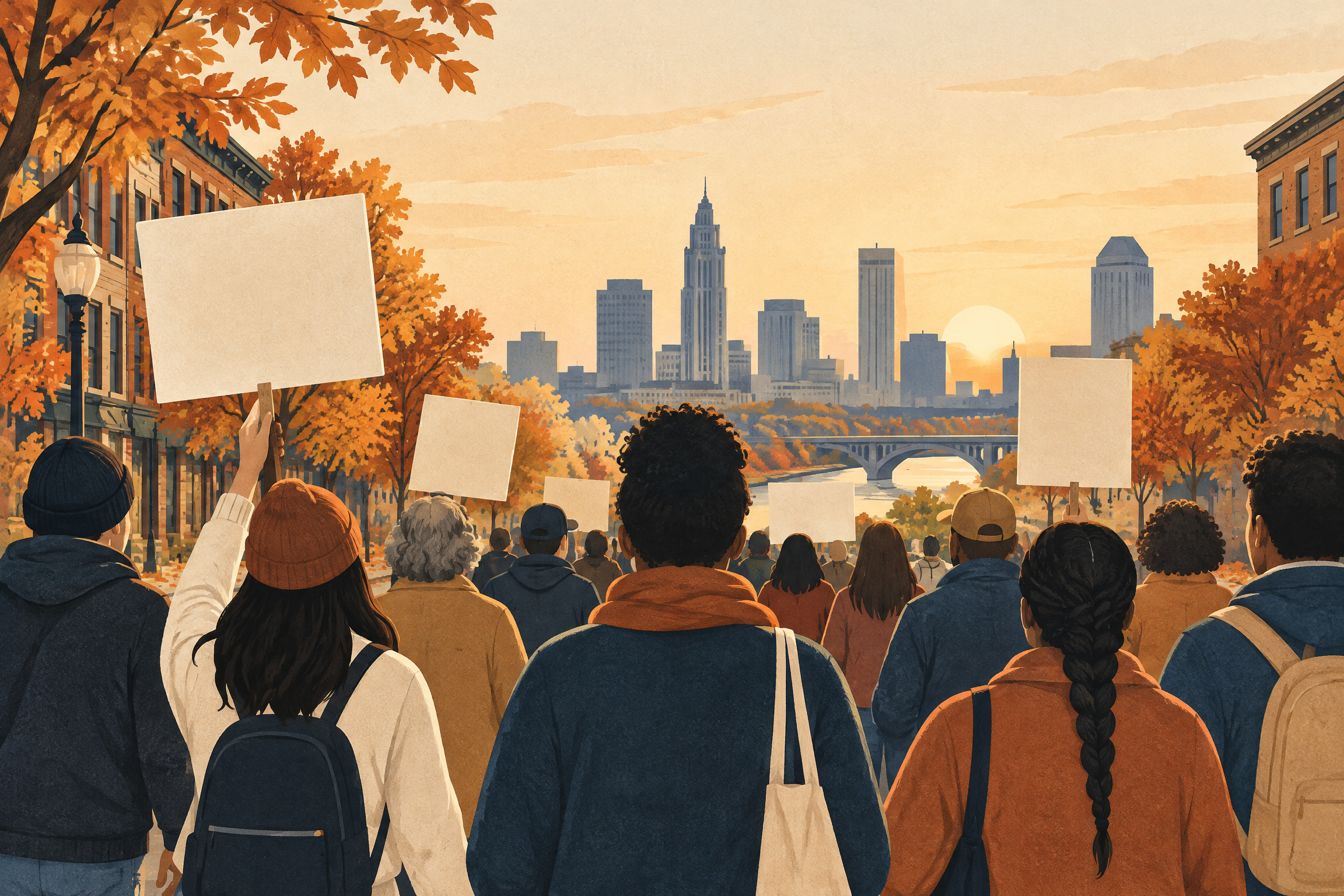 Ilustración conceptual de una marcha comunitaria en Columbus con pancartas sin texto identificable.